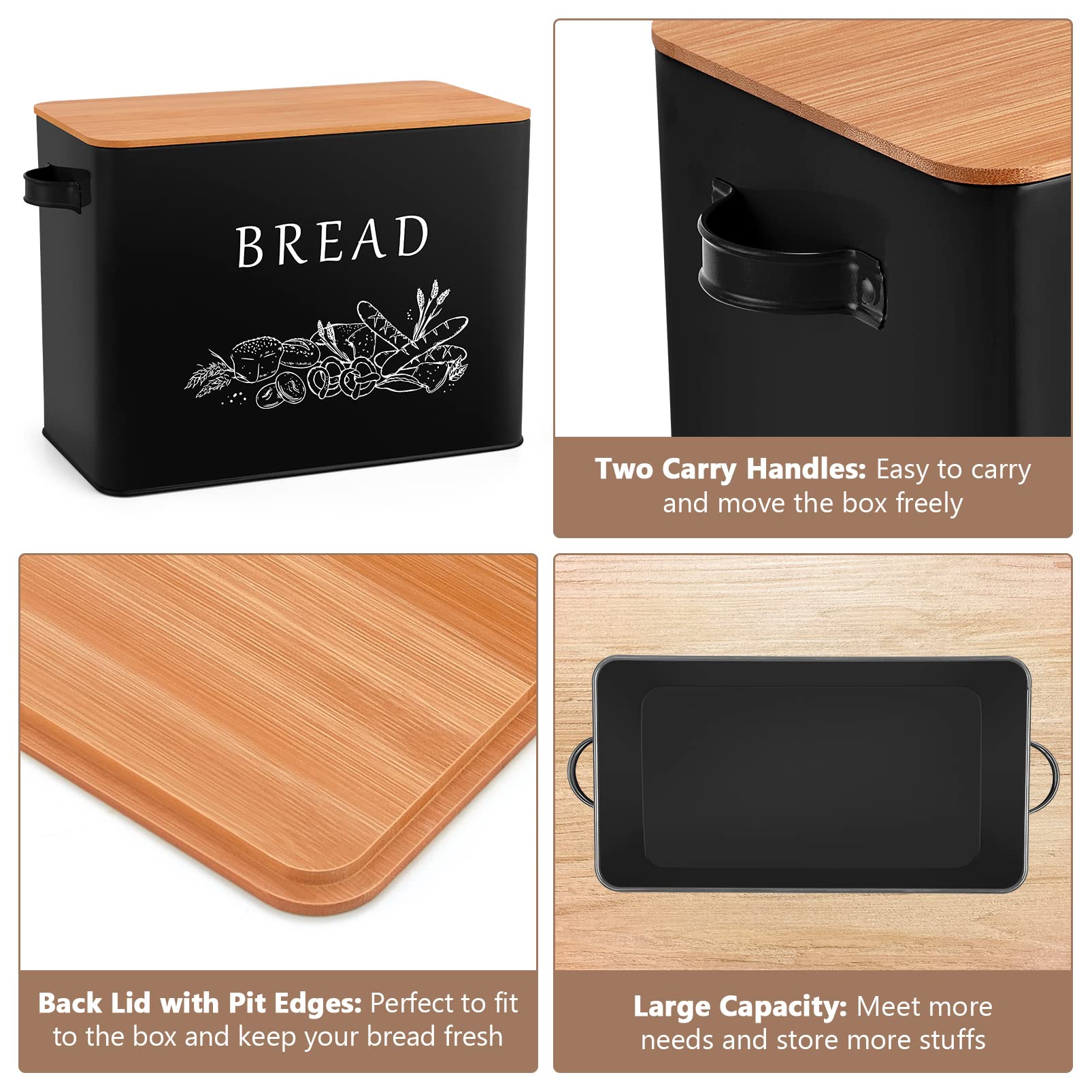 P&P Chef Black Bread Box For Kitchen Counter, Metal Bread Storage Bin With Wooden Cutting Lid, Large Capacity For Holding 2+ Loa