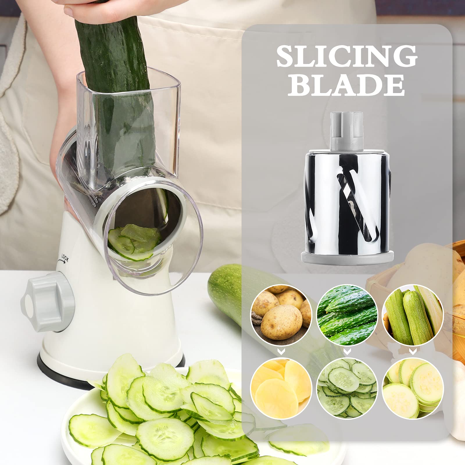 Ancevsk Manual Rotary Kitchen Cheese Grater, Speed Round Mandoline Vegetable Slicer, Safe Food Shredder Nut Grinder With 3 Inter