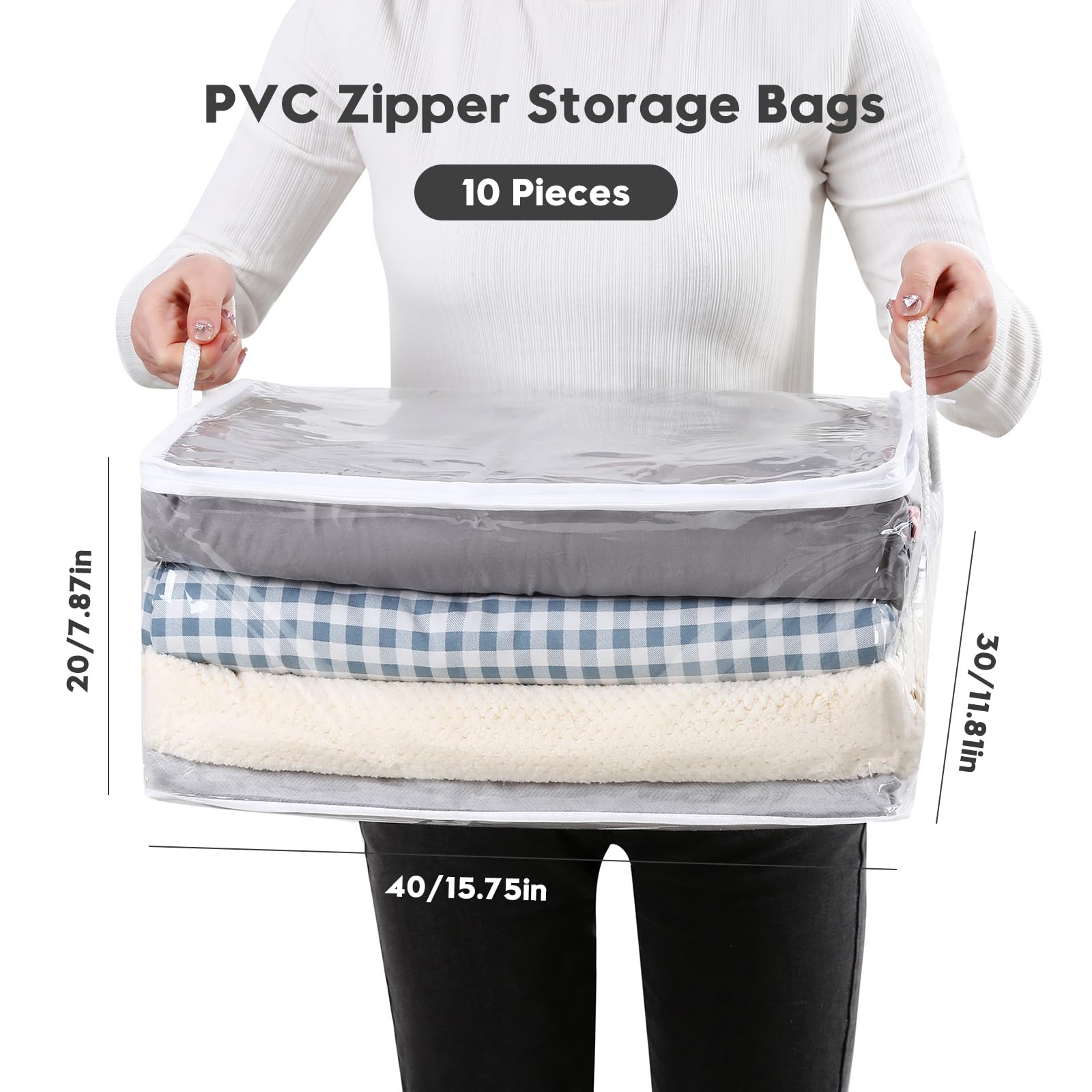 Remittur 10 PCS Clear Zippered Storage Bags with Handle,Sweater Storage with Zipper,Foldable Closet Organizer Bed Sheet Organize