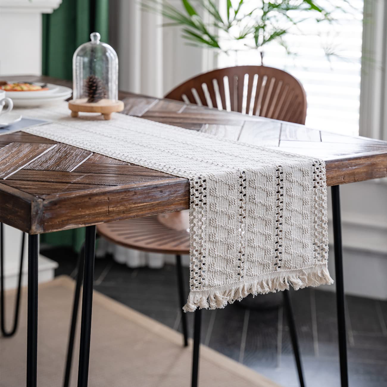 Alynsehom Macrame Table Runner Cream Beige Boho Table Runner With Tassels Hand Woven Cotton Table Runner Rustic Farmhouse Table