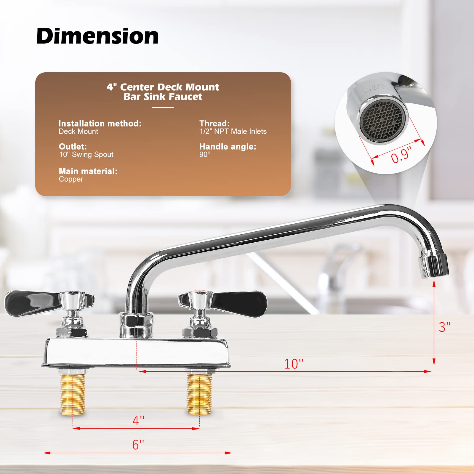 Commercial Bar Sink Faucet 4 Inch Center Deck Mount Bar Sink Faucet 2 Hole Brass Constructed & Chrome Polished With 10'' Swivel