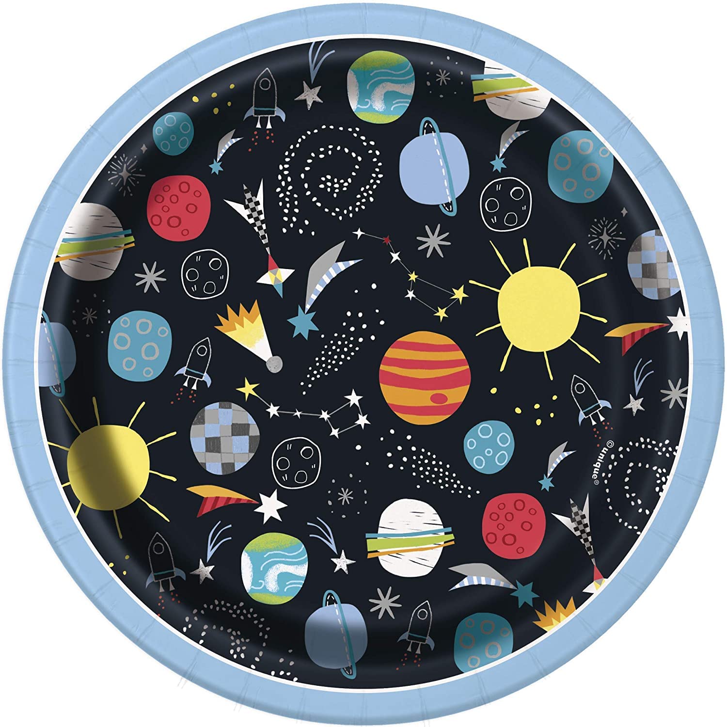 Unique 7'' Round Dessert Paper Plates Outer Space | 8 Pcs, Multi
