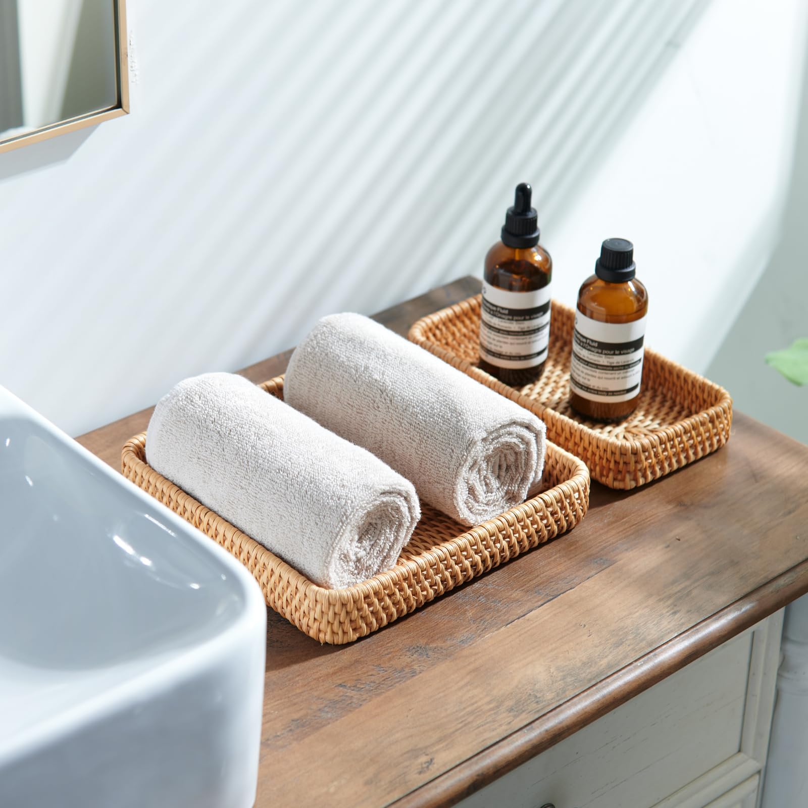 Rattan Serving Tray  Rectangular Woven Tray  Natural Wicker Decorative Serving Baskets for Organizing Tabletop Bathroom Kitchen Counter (Natural)