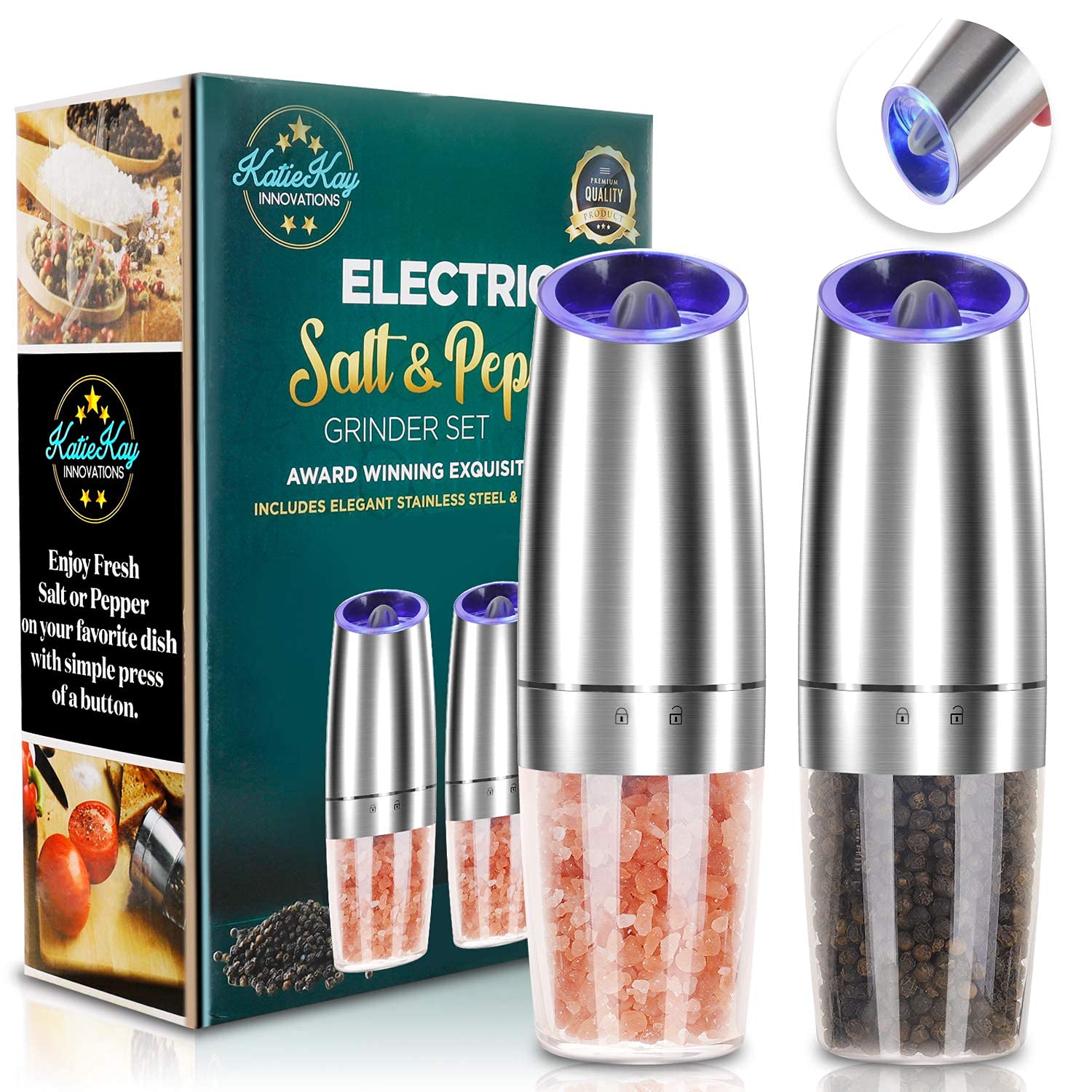 Electric Salt And Pepper Grinder Set Of 2, Automatic Salt And Pepper Mill Grinder, Adjustable Roughness, Battery Powered With Bl