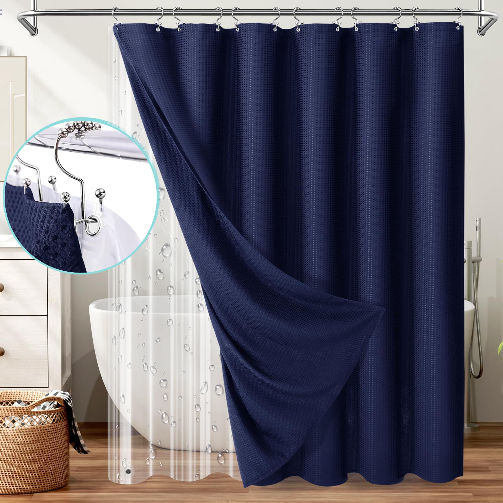Vipfree 3 In 1 Shower Curtain Set, Waffle Shower Curtain And Liner Set With 12 Double Sided Shower Curtain Hooks, 258Gsm Luxury