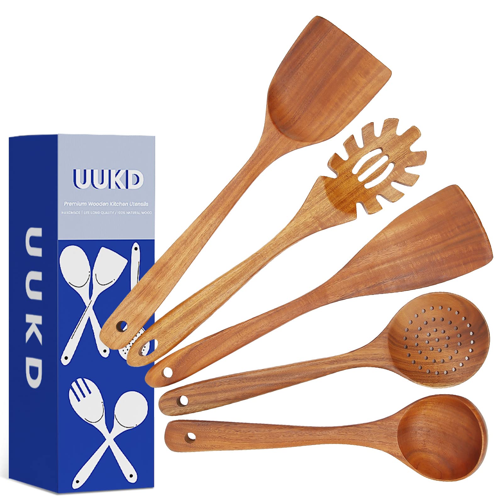 Wooden Kitchen Utensil Set For Non-Stick Cookware, Wooden Spoons For Cooking, Long Handle Wooden Spatulas For Cooking, 5 Pcs Dur