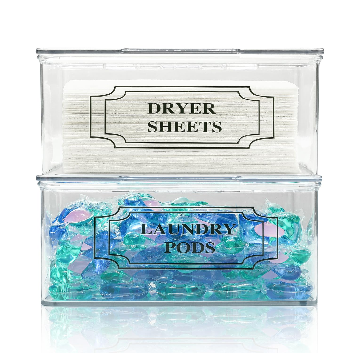Sstates Clear Acrylic Dryer Sheets Holder, Flip-Top Laundry Pods Container With 2 Label Decals For Laundry Room Organization And