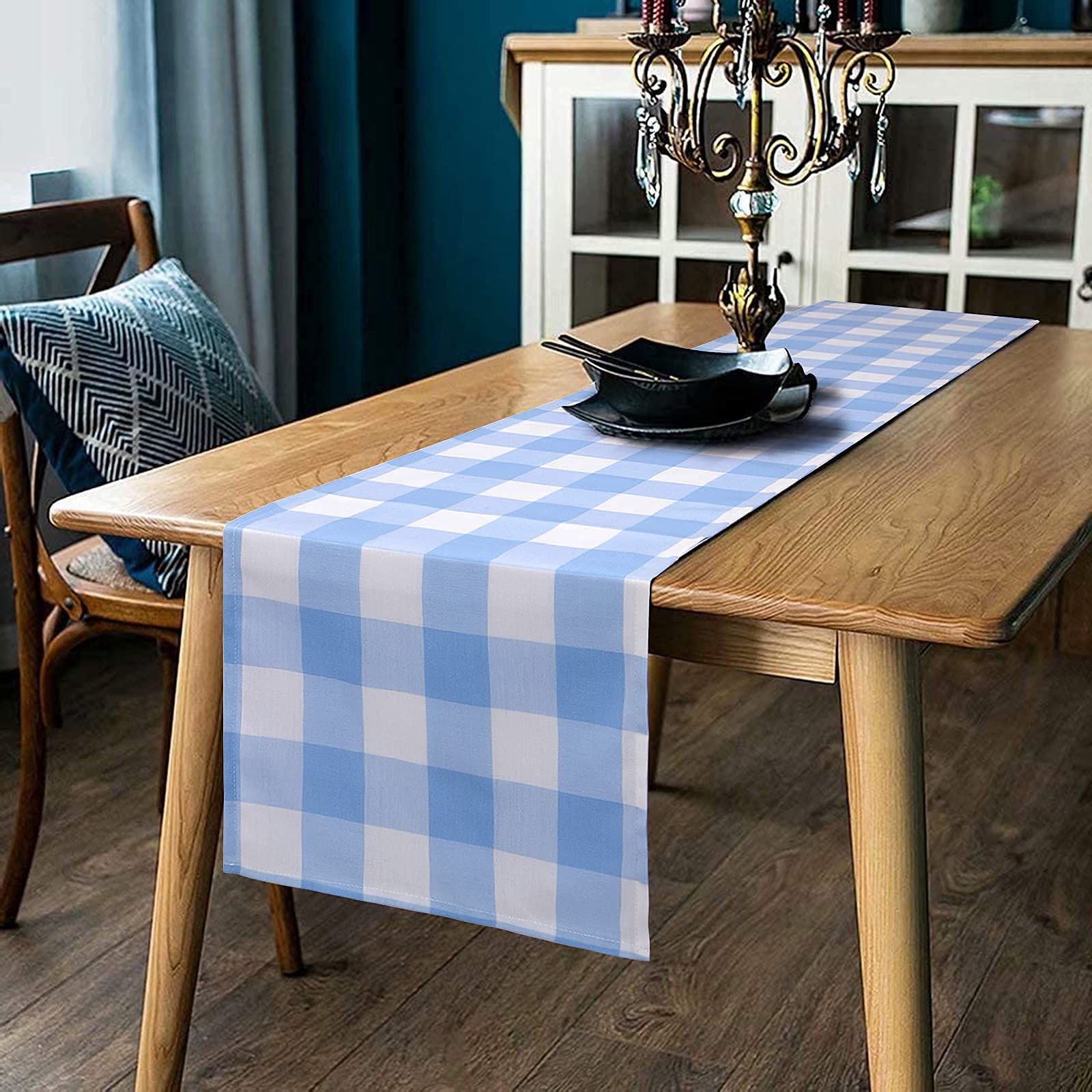 Yuboo Light Blue And White Gingham Table Runner 72 Inches Long, Buffalo Plaid Check Table Cloth Party Suppliers For Farmhouse Ru