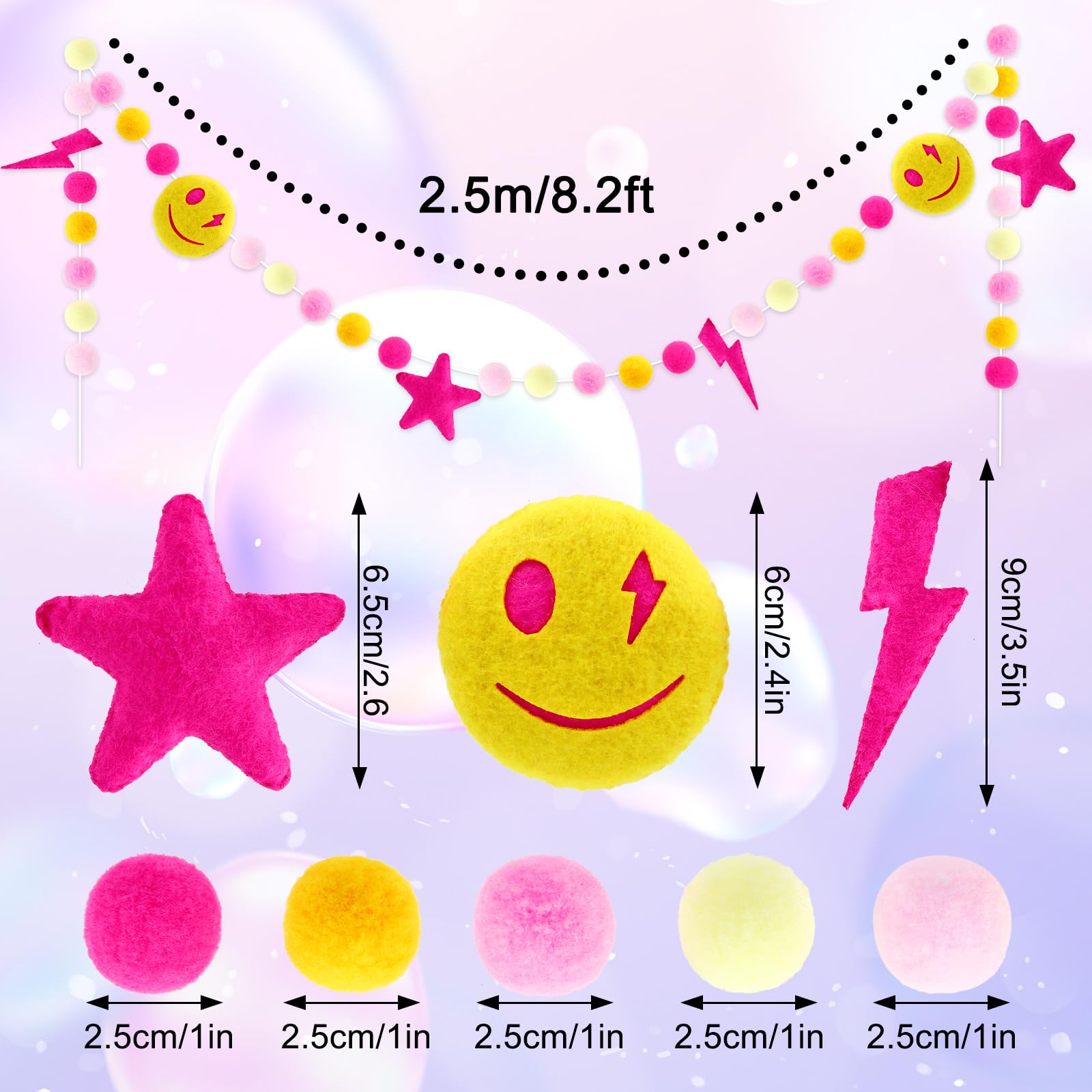 Whaline Preppy Felt Banner 3D Pink Face Lighting Star Banner Felt Ball Garland Pre-Assembled Preppy Theme Bunting Garland For Ba