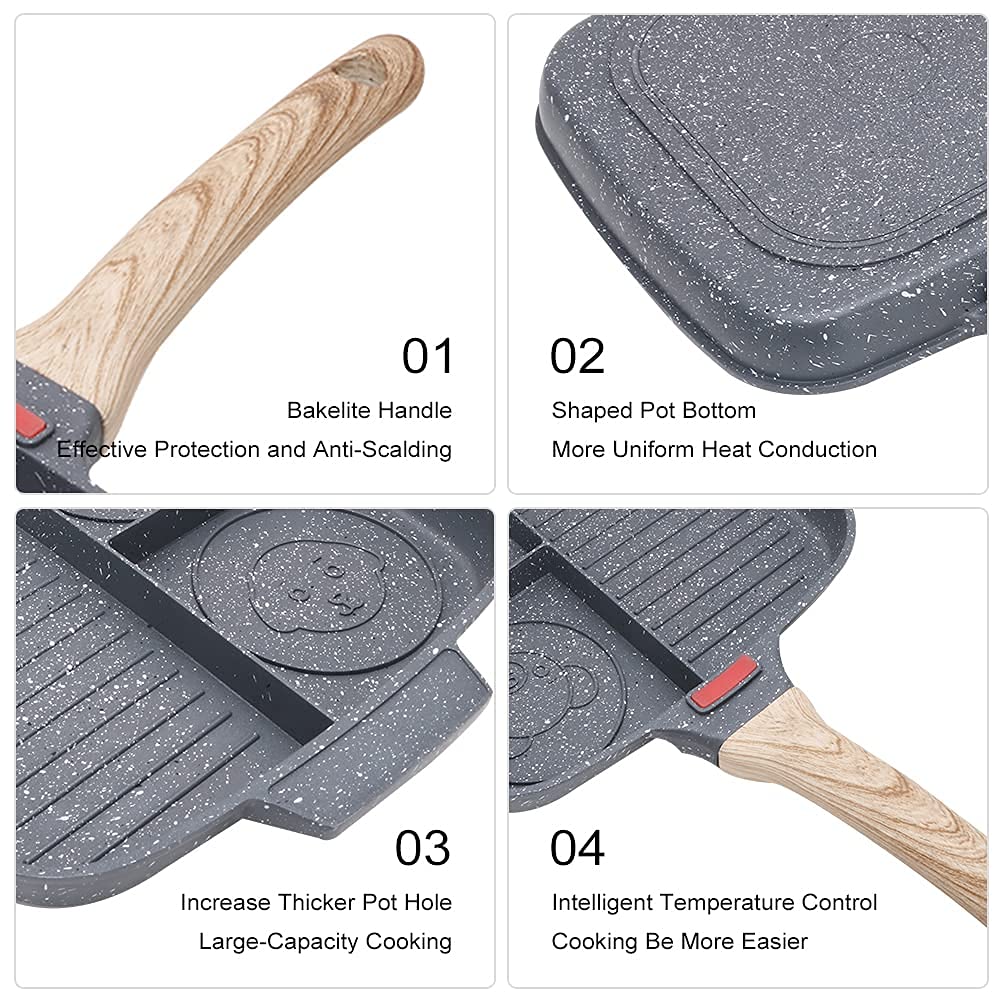 Bobikuke Nonstick Grill Pan For Stove Tops, 10.5 Inch Sectional Skillet, Divided Pan For Breakfast, Square Grill Skillet With Si