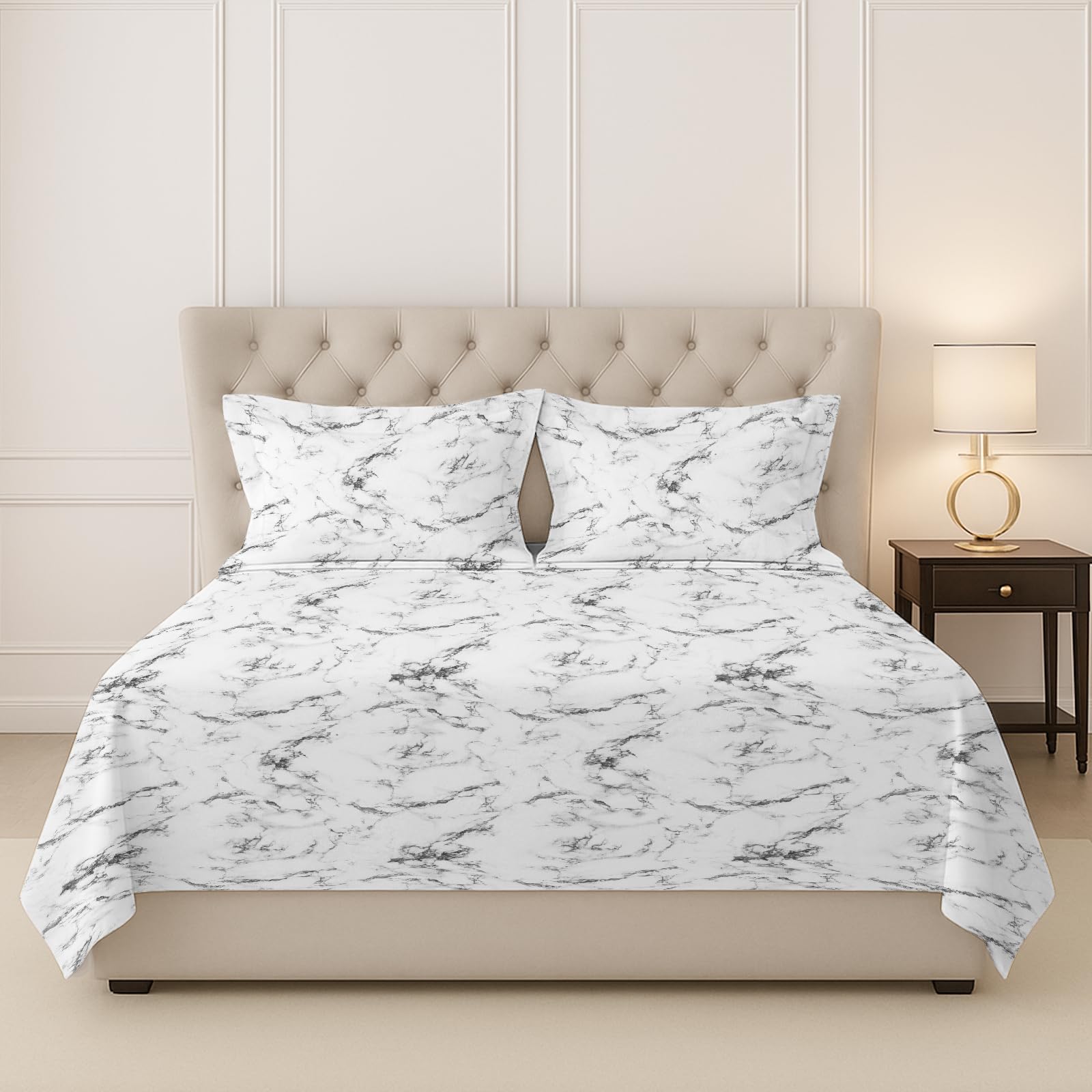 Pizuna 100% Cotton Bedsheet Super King Size With 2 Pillow Covers, 400 Thread Count Long Staple Cotton, Marble Pattern Flat Bed S