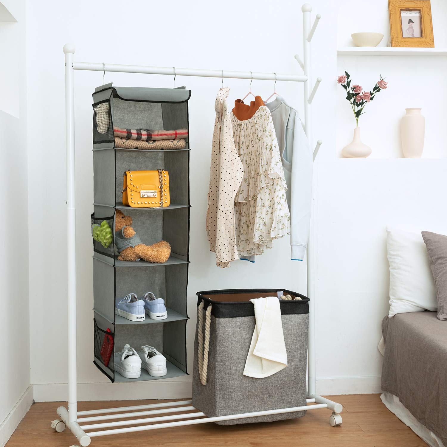 BrilliantJo 5 Shelves Hanging Closet Organizer  2 Pack Hanging Storage with 6 Side Pockets for Clothes Bags  43''x12''x12''(Gray)