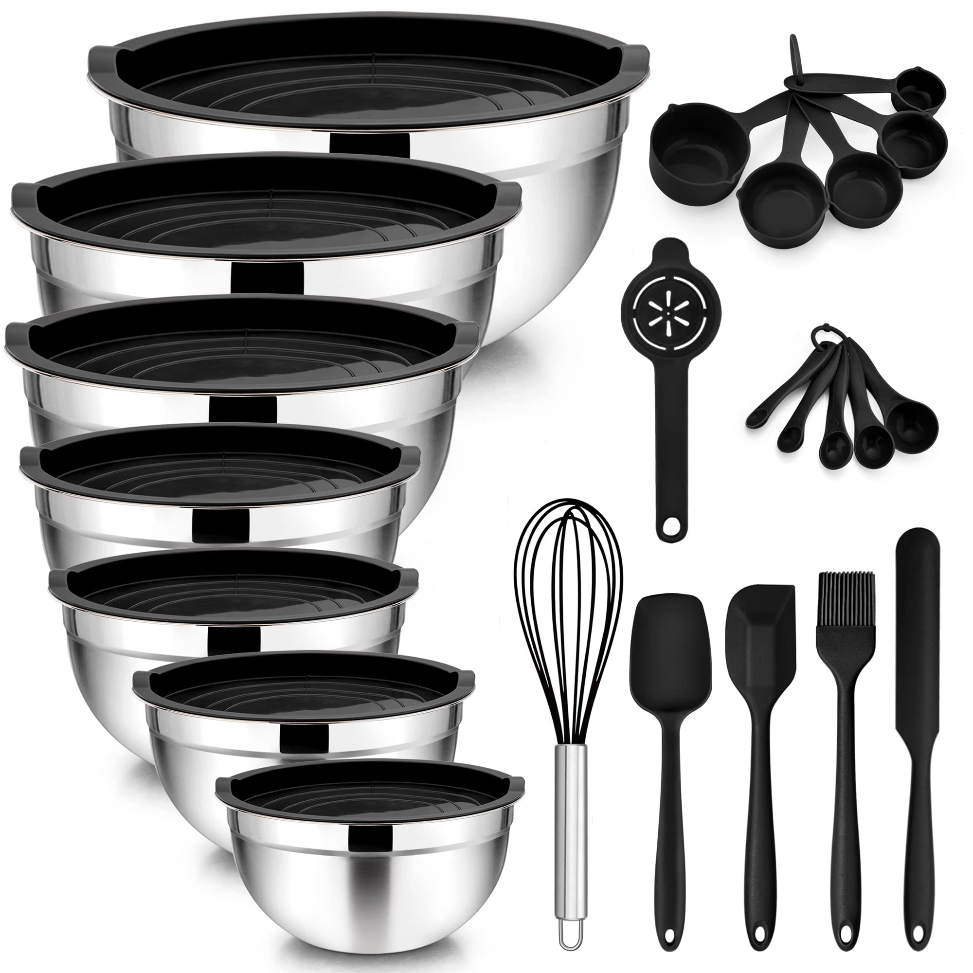 Teamfar Mixing Bowls With Lids Set Of 7, Stainless Steel Nesting Salad Mixing Bowls With 16 Pcs Cooking Utensils Set, 7, 4.5, 3,