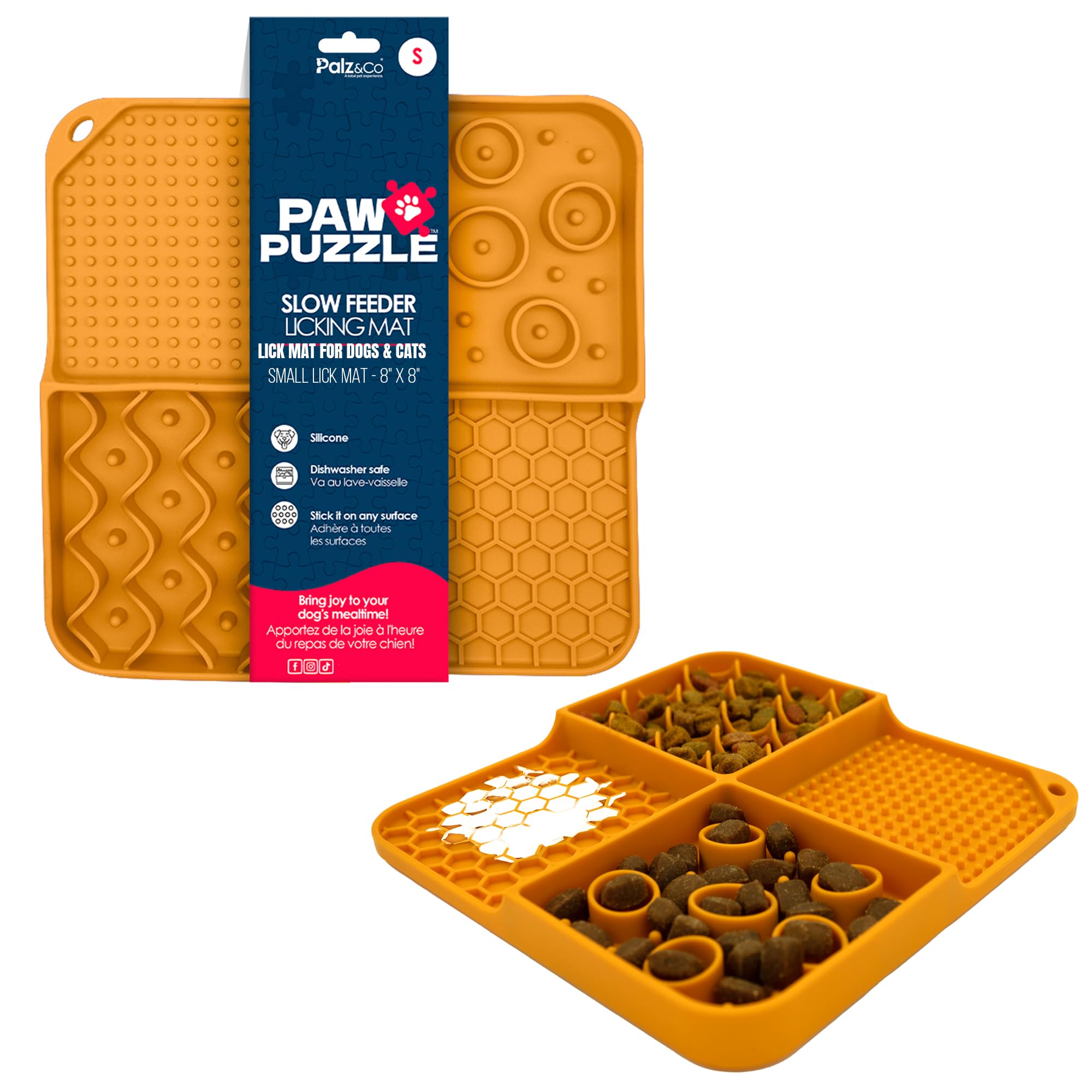 Palz&Co Paw Puzzle 2-in-1 Slow Feeder & Lick Mat for Dogs and Cats, Dry and Wet Food, Dishwasher Safe Silicone, Small 8x8, Orang