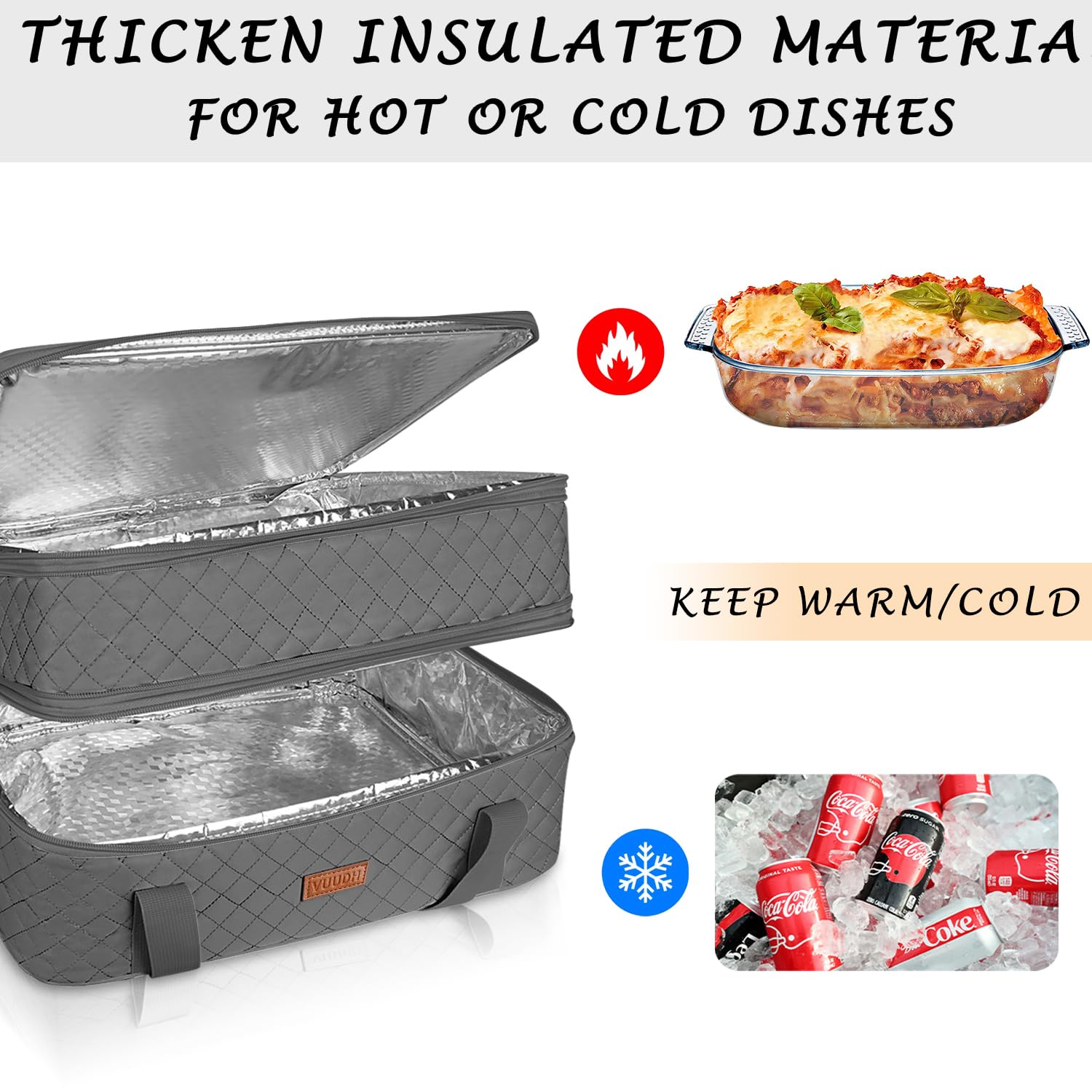 Vuudh Quilted Double Decker Casserole Carrier - Expandable Grey Dish Case for 9"×13" Baking Dish, Ideal for Potlucks and Picnics