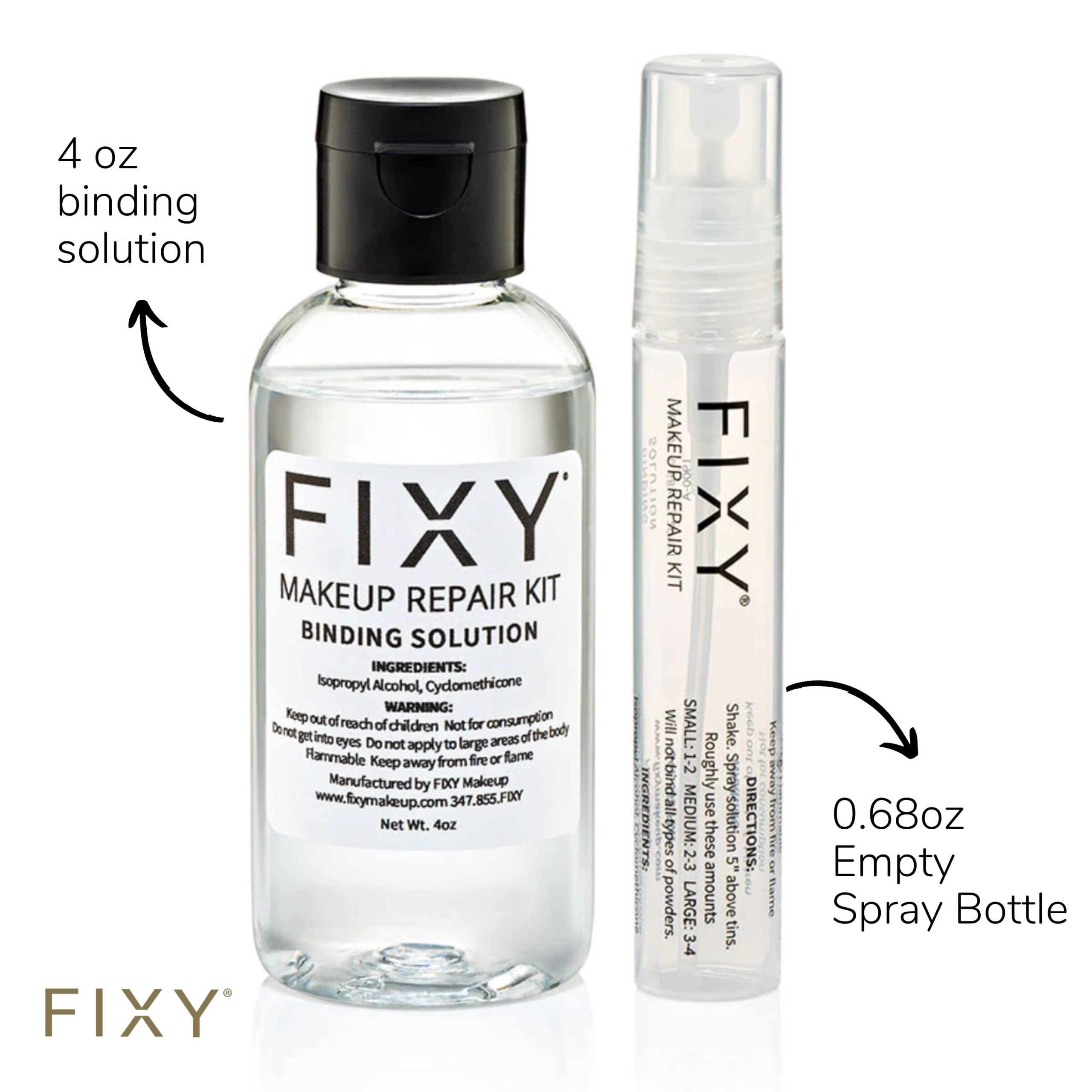 Fixy Broken Makeup Binder Spray - 4 Oz Binding Solution & Small Spray Bottle - Broken Makeup Fixer Repairs Pressed Powders, Blus