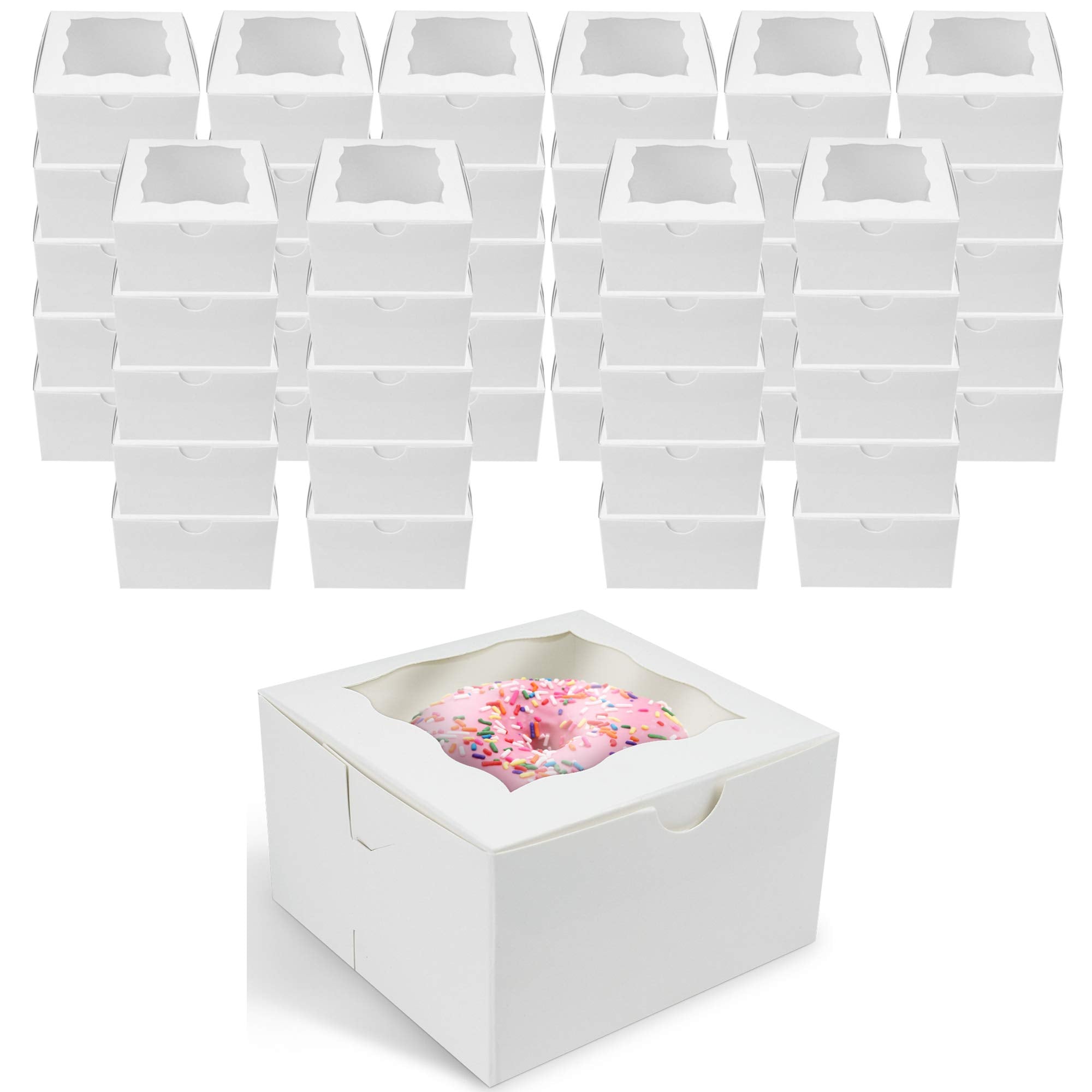 [50 Pack] O'Creme Small Bakery Cake Boxes With Window, 4X4X2.5, Cupcakes Donuts Cookies Pastries, For Wedding Treats Party Favor