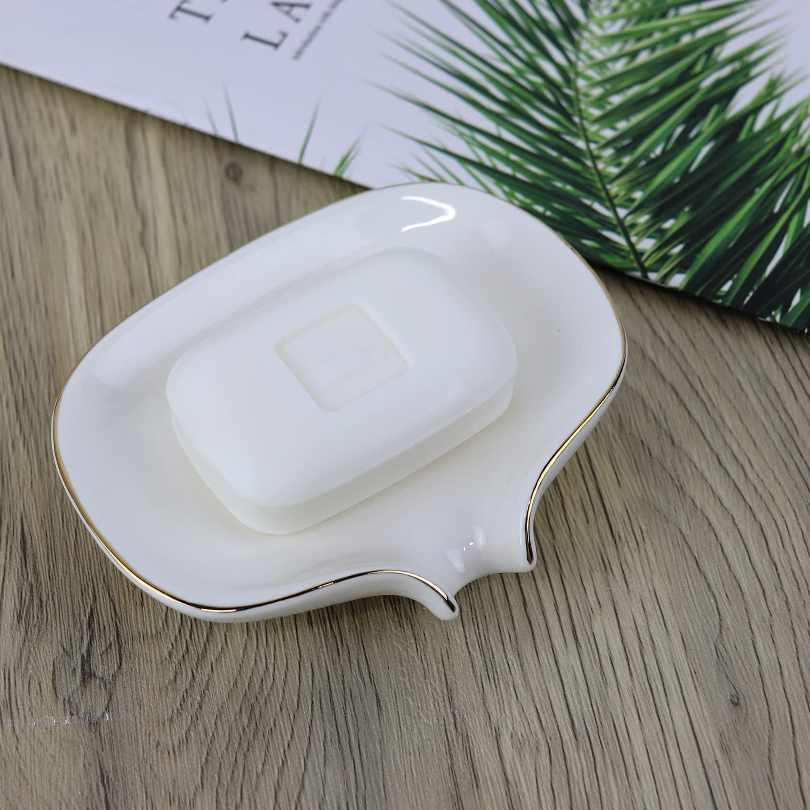 Polyroyal White Soap Dish Ceramic Self Draining Soap Dish Waterfall Slot Gold Edge Bathroom Accessories for Bathroom  Kitchen Bar Counter