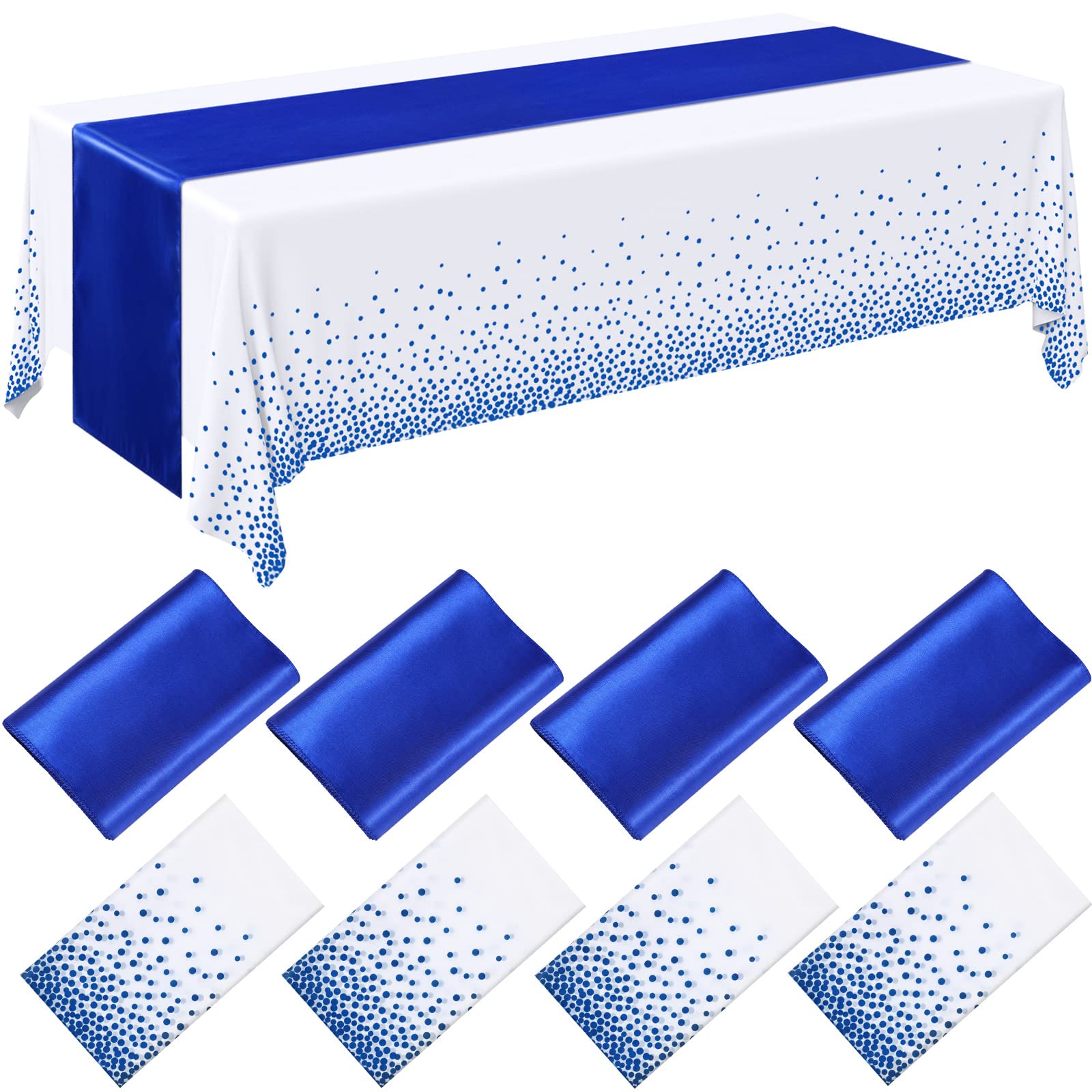 Breling 8 Pack Royal Blue Disposable Plastic Tablecloths and Satin Table Runner Set, 54 x 108 Inch Tablecloth, 12 x 108 Inch Tab