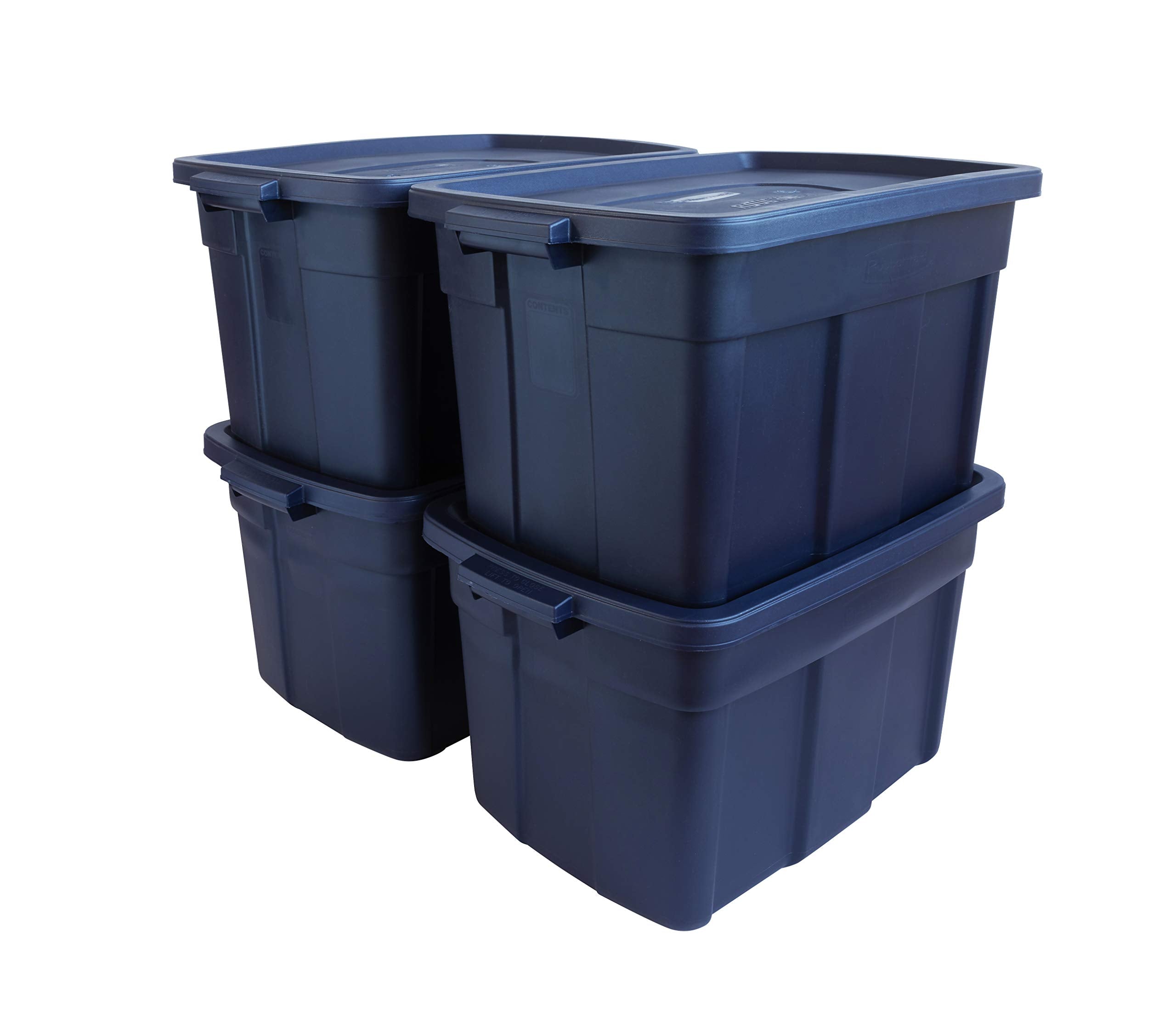 Rubbermaid Roughneck Tote 25 Gal, 4 Pack, Made In Usa, Dark Indigo Metallic, Rugged Plastic Stackable Storage Bins With Lids And