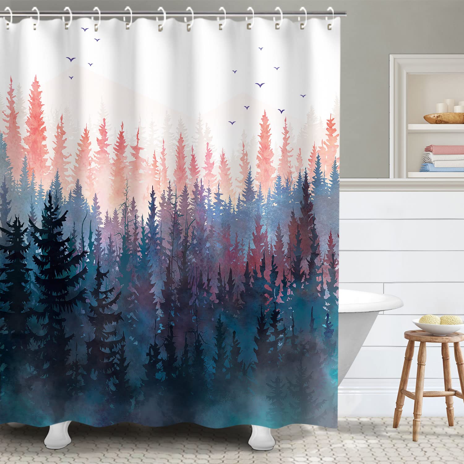 Rosielily Forest Shower Curtain, Pine Trees Shower Curtain, Mountain Nature Pink Shower Curtains Set, Rustic Foggy Art Bathroom