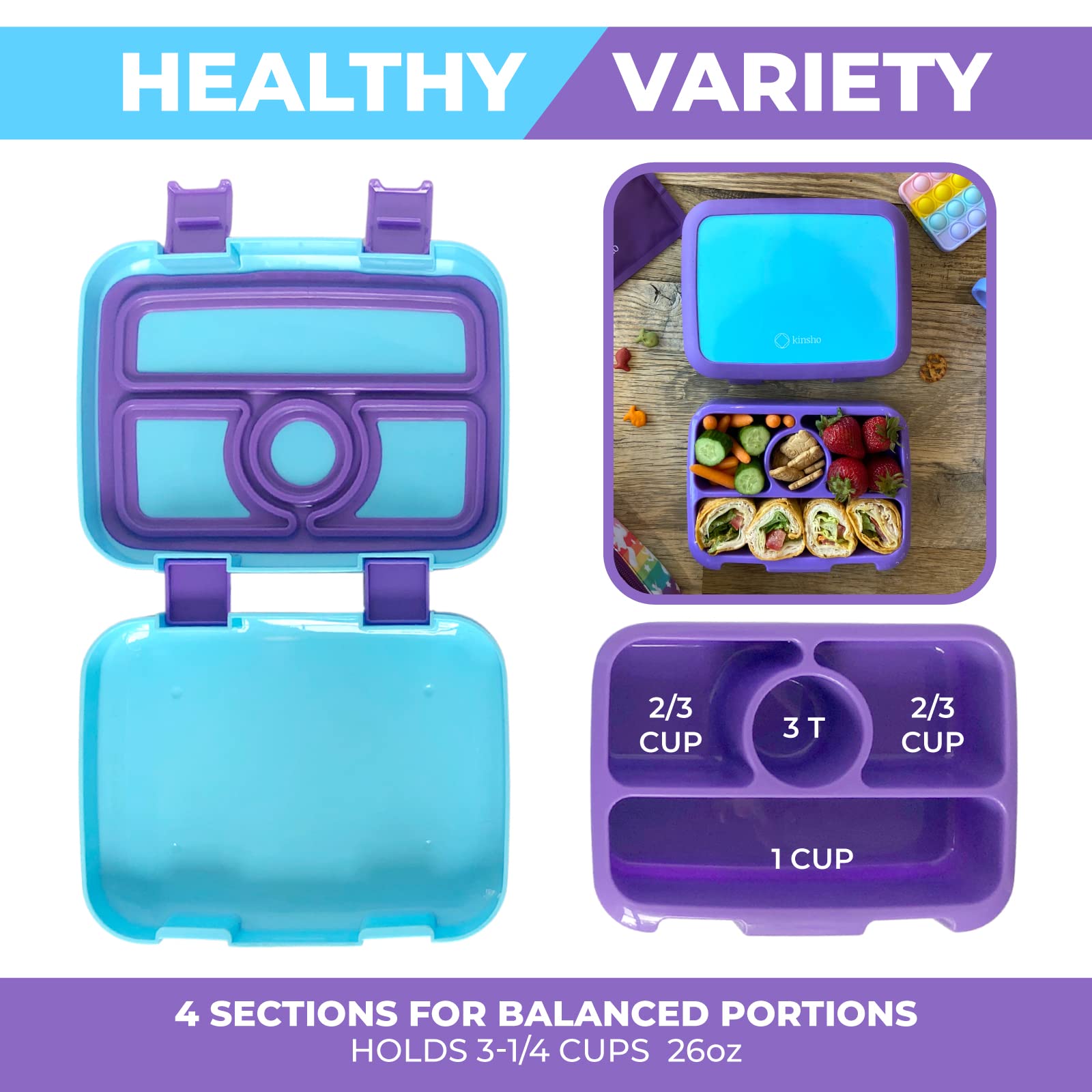 Kinsho Bento Lunch Box For Kids Toddlers, 4 Portion Sections Secure Lid, Microwave Safe Bpa Free Removable Tray, Pre-School Kid