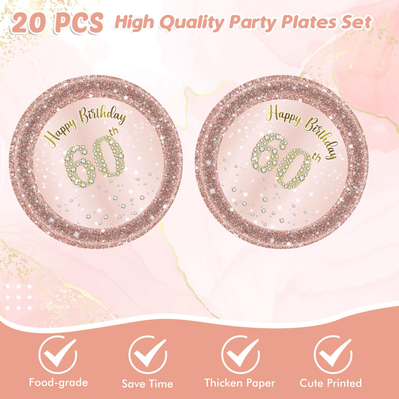 41Pcs 60Th Birthday Decorations, Rose Gold Birthday Party Supplies Include 20Pcs Plates 20Pcs Napkins And 1Piece Tablecloth, Swe