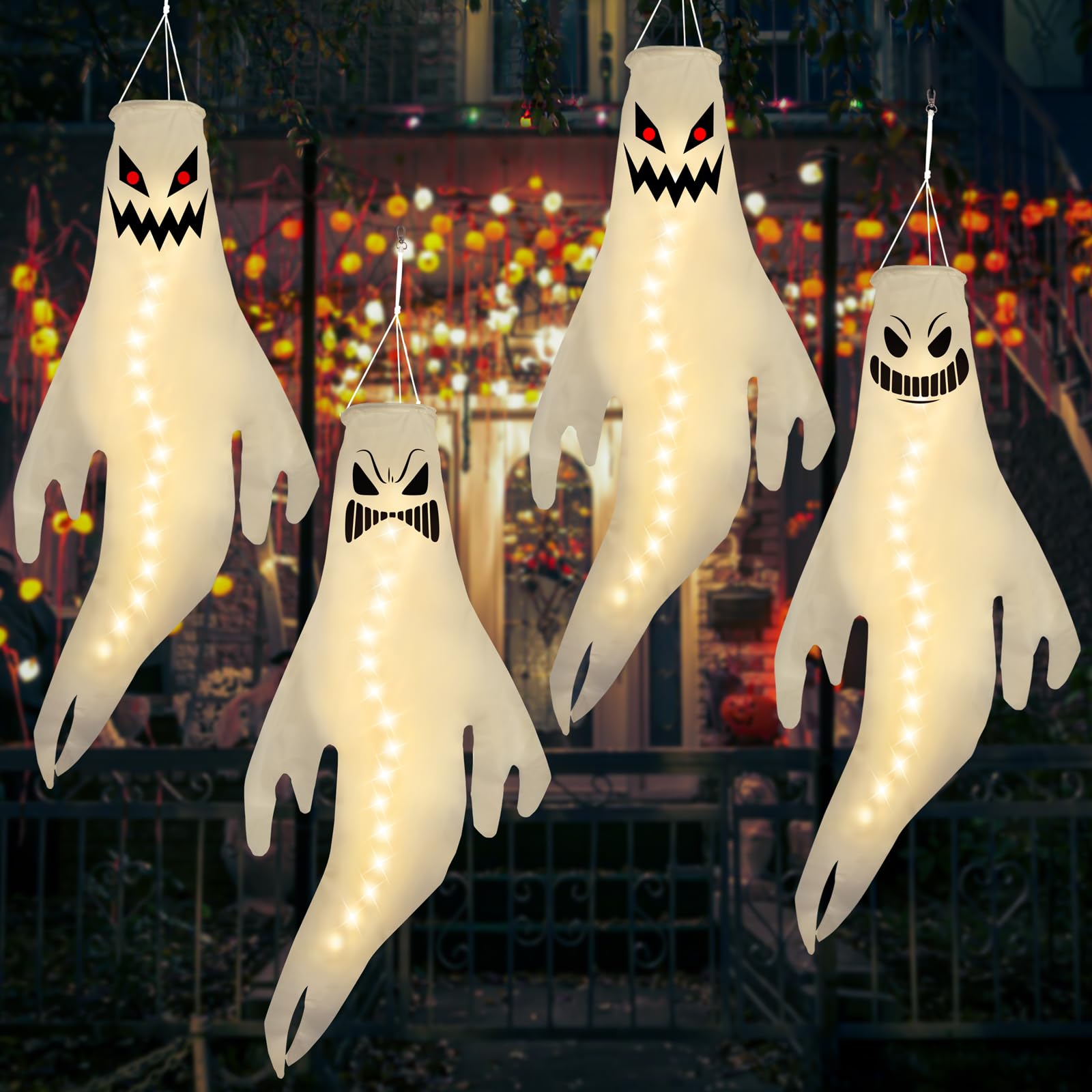 Geefuun 4PCS Warm Light Halloween Fierce Ghost Windsocks Hanging Decorations - 43 Inch Flag Wind Socks for Home Yard Outdoor Dec