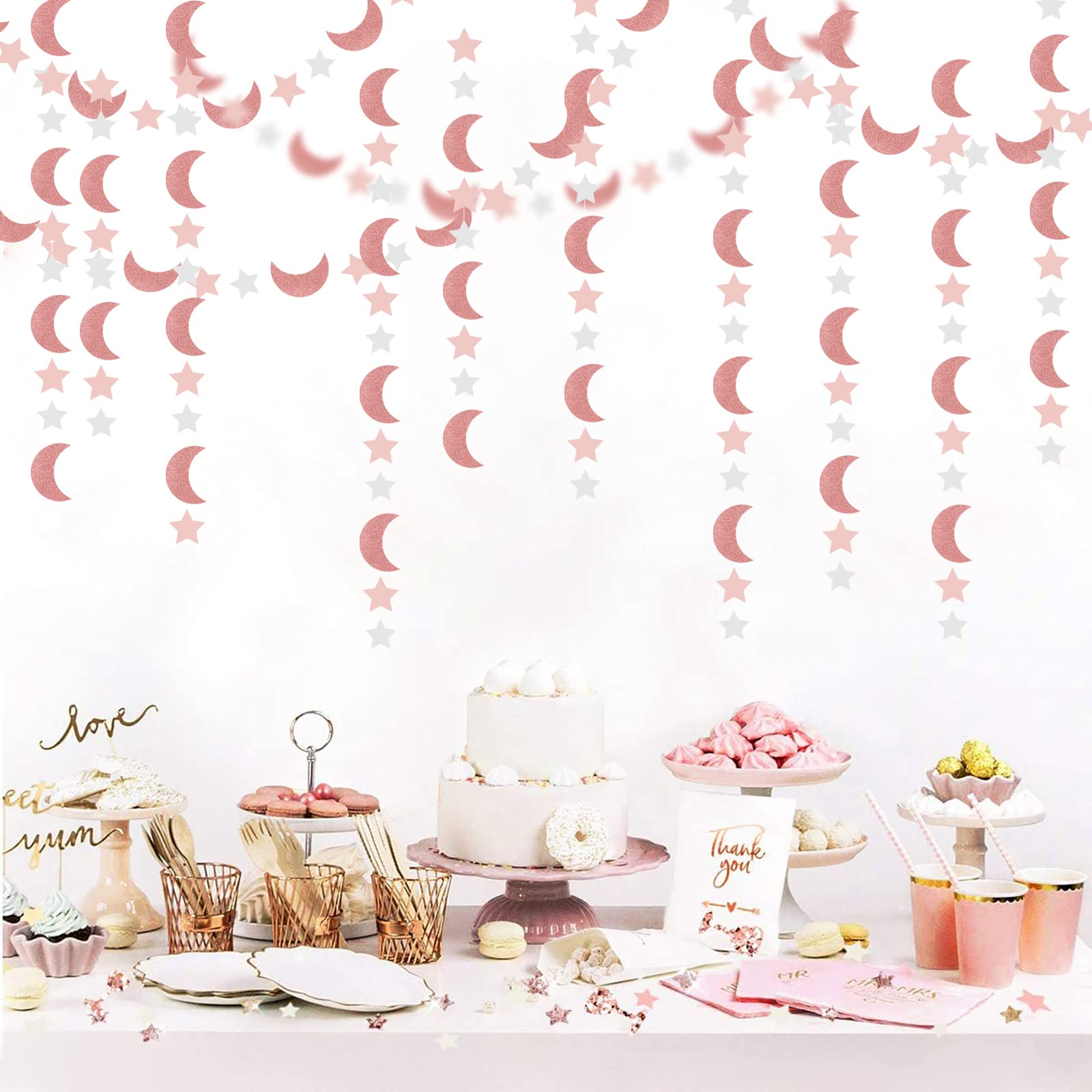 Pink Rose-Gold Moon-Star Party-Decorations Garland - 52Ft Twinkle Little Star Hanging Decoration Streamers Banner, Eid Ramadan M