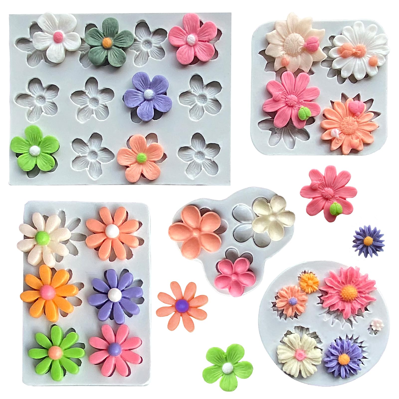 5Pcs Flower Molds Silicone Chocolate Mold Daisy Flower Fondant Polymer Clay Resin Mold Soap Ice Cube Jello Molds for Baking and 