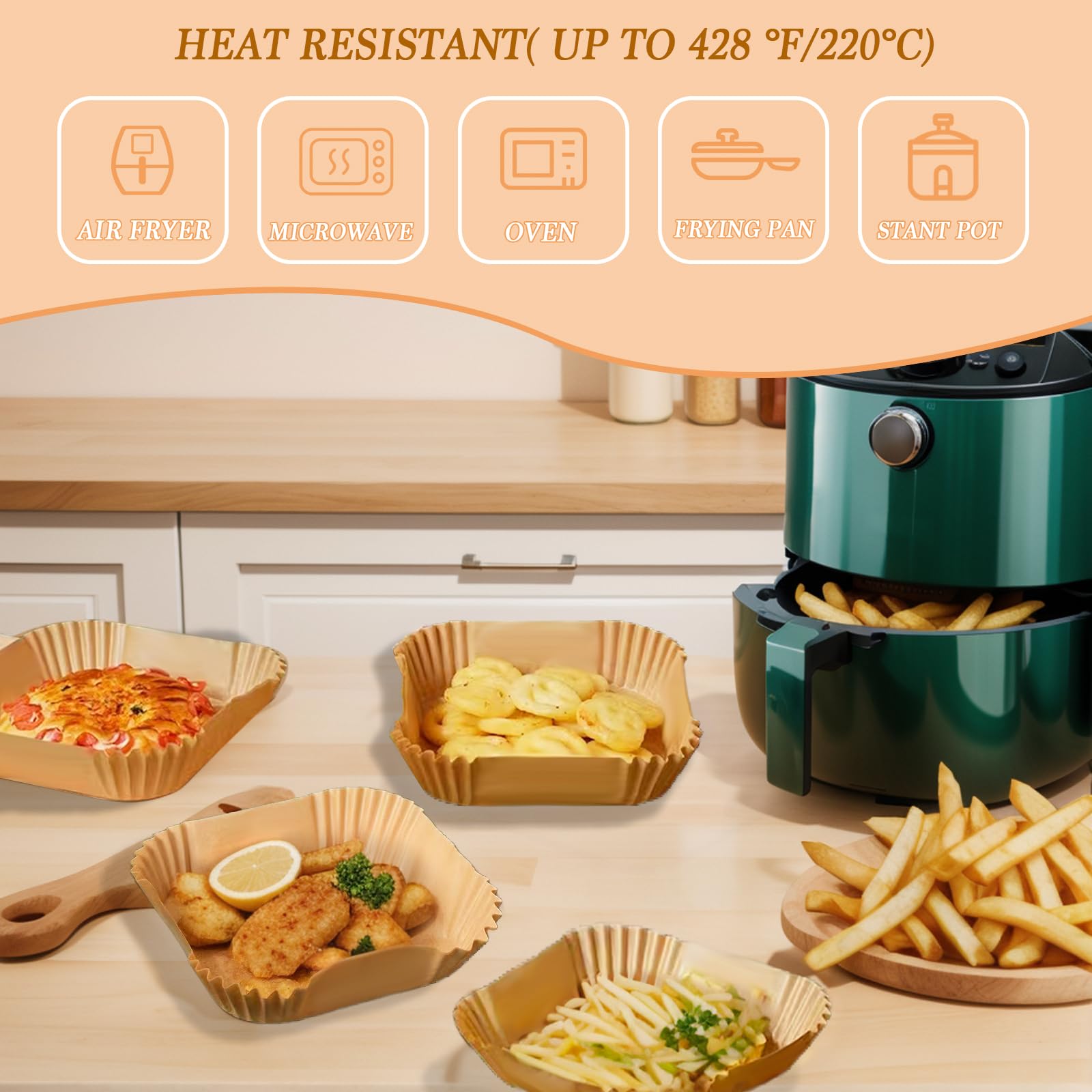 Square Air Fryer Liners Disposable, 100Pcs Nonstick Parchment Paper Liners Air Fryer Paper Liners For 2-5 Qt Air Fryer Baking Ro