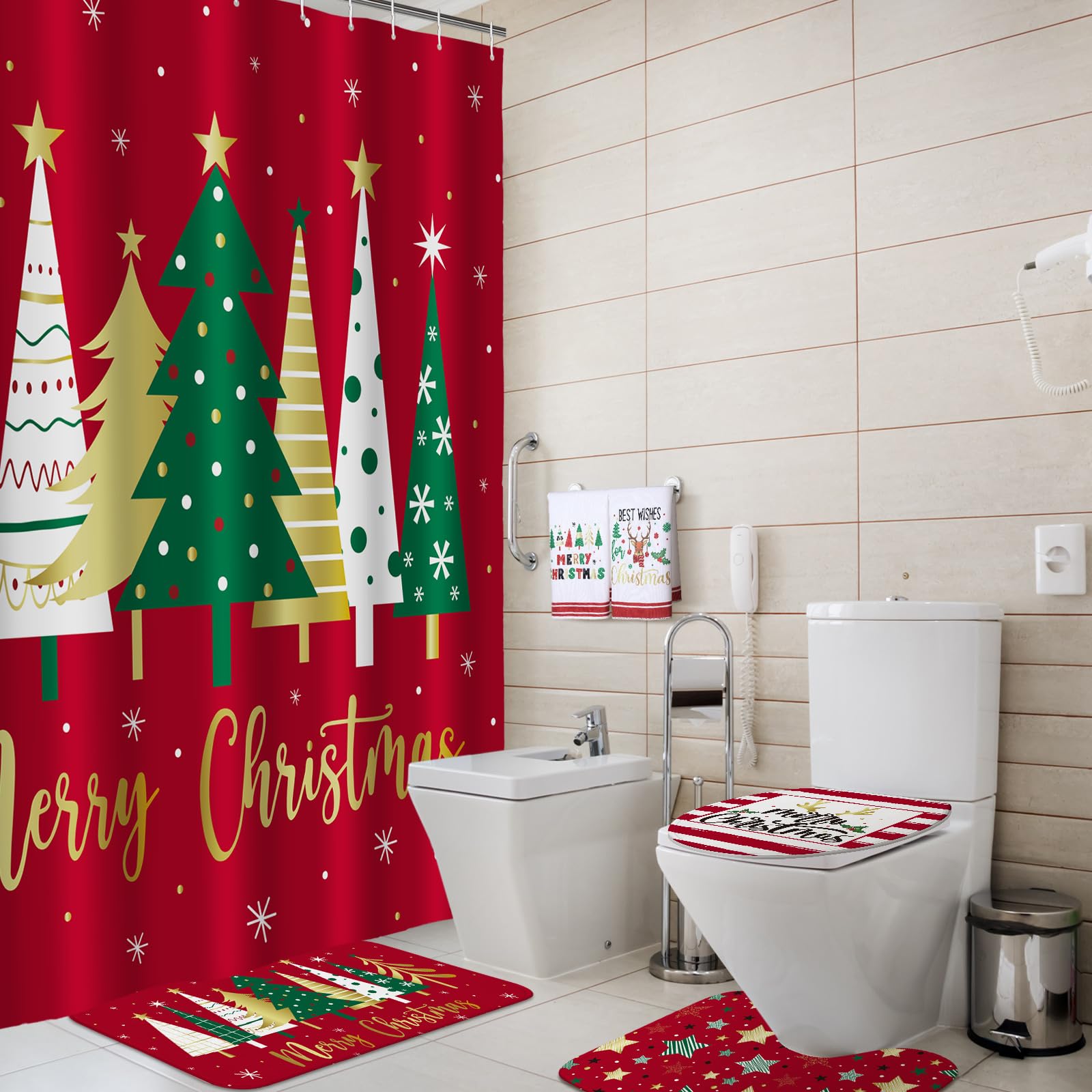 Honoson 8 Pcs Christmas Shower Curtain Set with Rugs and Kitchen Towels Farmhouse Christmas Tree Shower Curtain Bathroom Set for