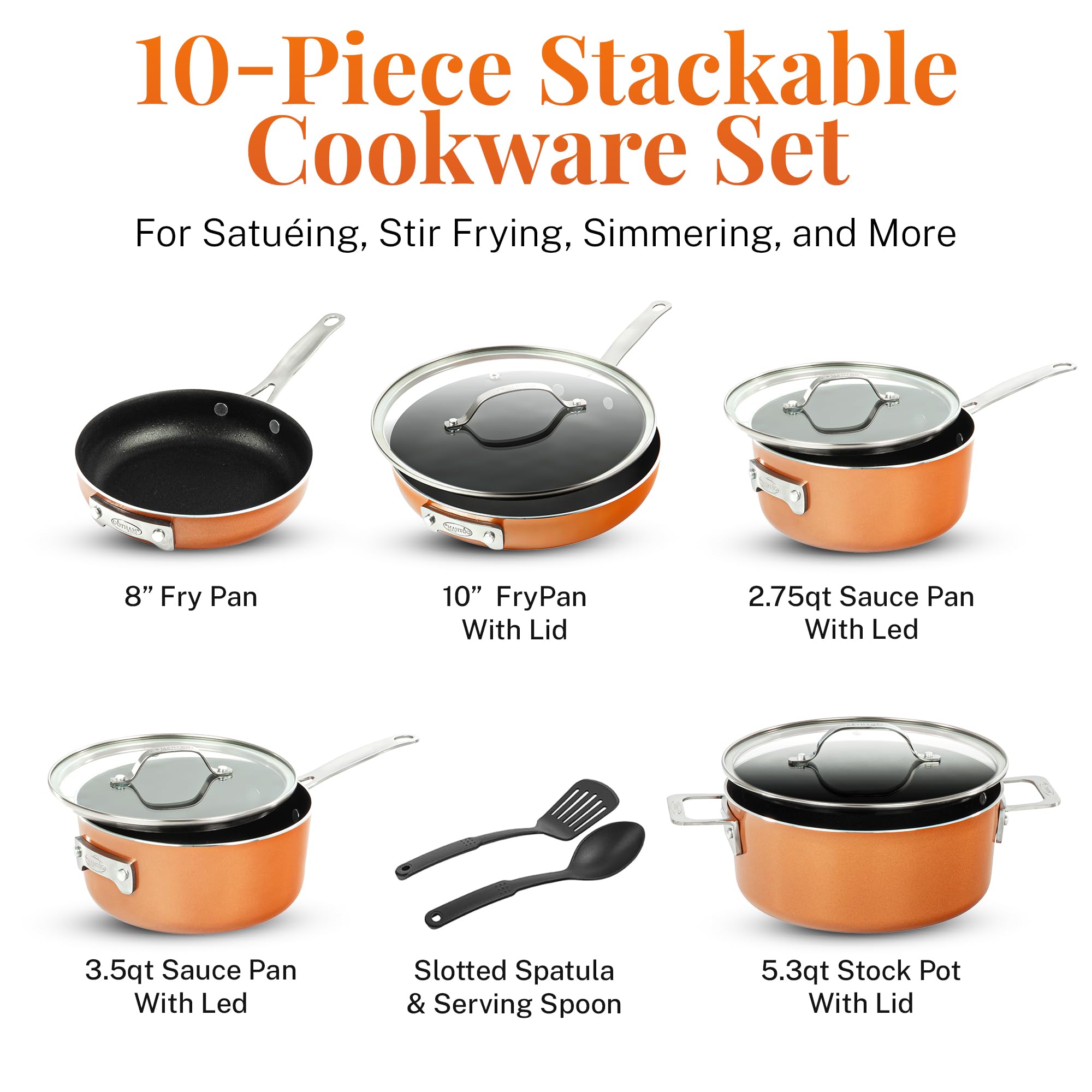 GOTHAM STEEL 10 Pc Copper Pots and Pans Set Non Stick, Kitchen Cookware Sets, Space Saving Non Stick Pots and Pan Set, Nonstick