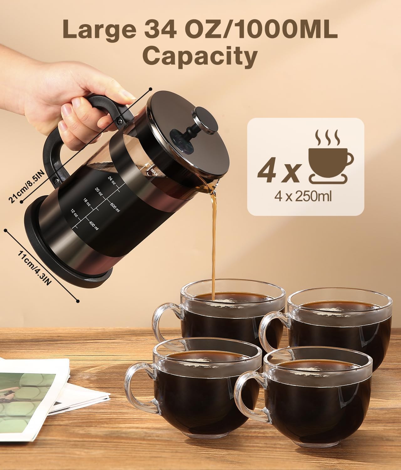 AMFOCUS French Press Coffee Maker - 34oz Borosilicate Glass, Dark Pewter, 4-Level Filters, Portable Cold Brew for Home & Travel