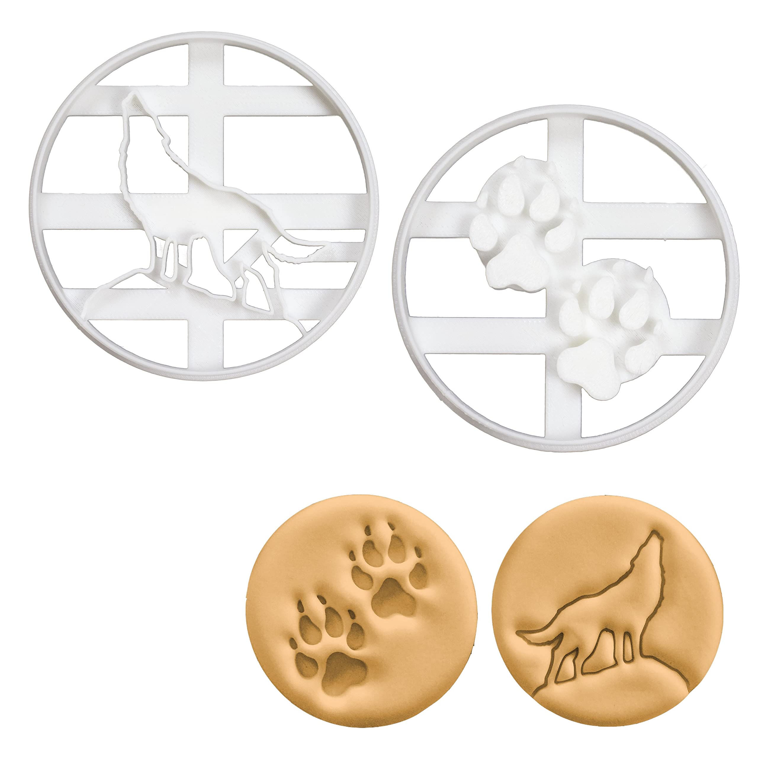 Set Of 2 Wolf Cookie Cutters (Designs: Howling Wolf And Wolf Paw Prints), 2 Pieces -Bakerlogy