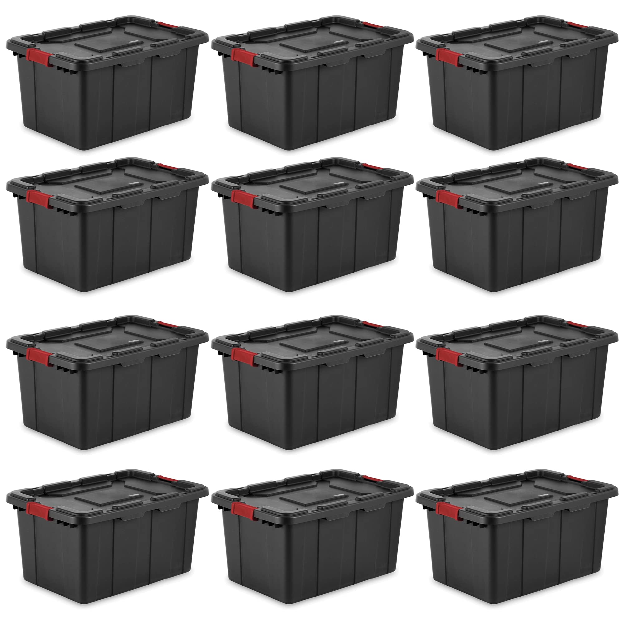 Sterilite 15 Gal Industrial Tote, Stackable Storage Bin With Latching Lid, Plastic Container With Heavy Duty Latches, Black Base
