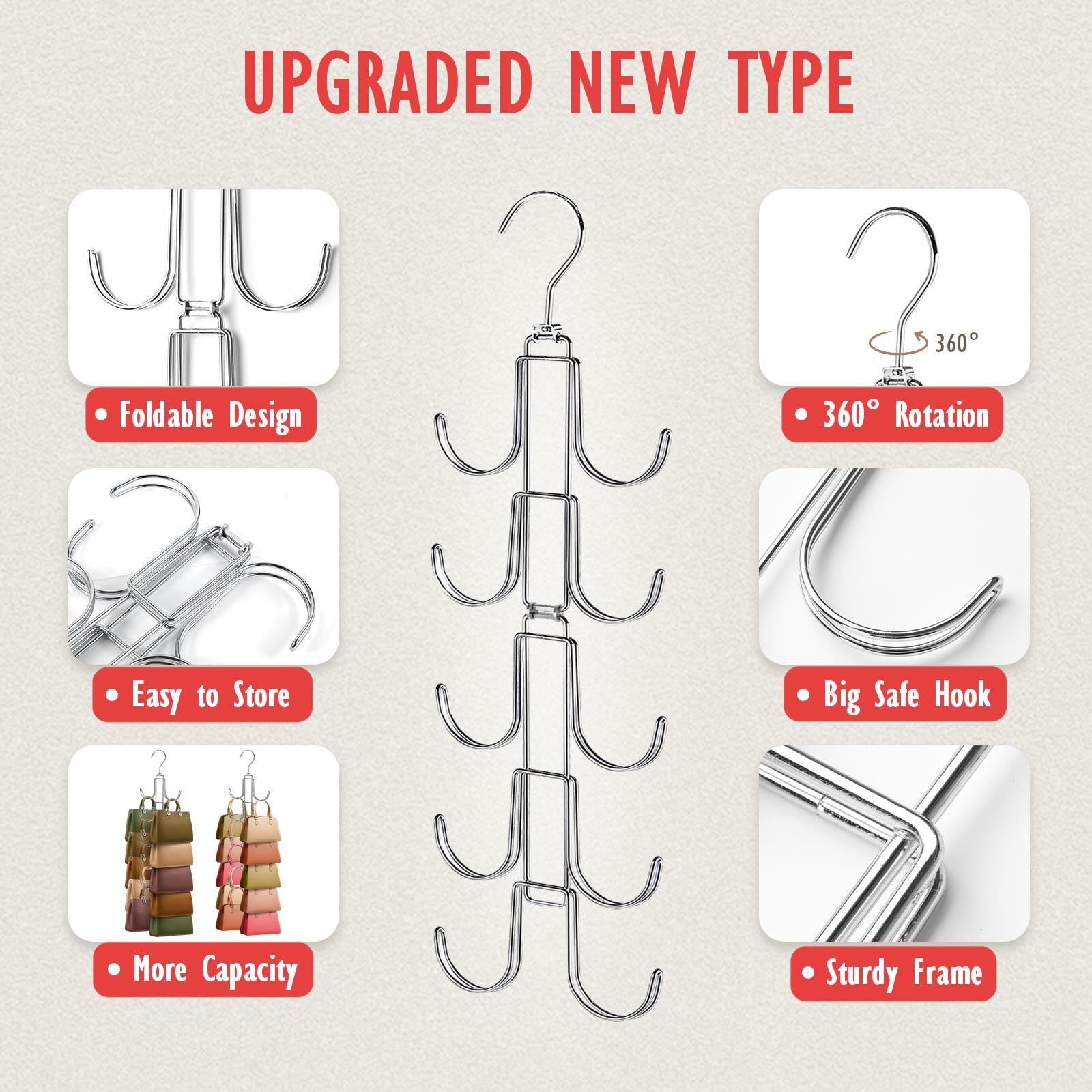 Generic Purse Organizer - Upgraded Metal Hanger with 10 Hooks, 360° Rotation, Silver, Model 0020240430001, Space-Saving Design