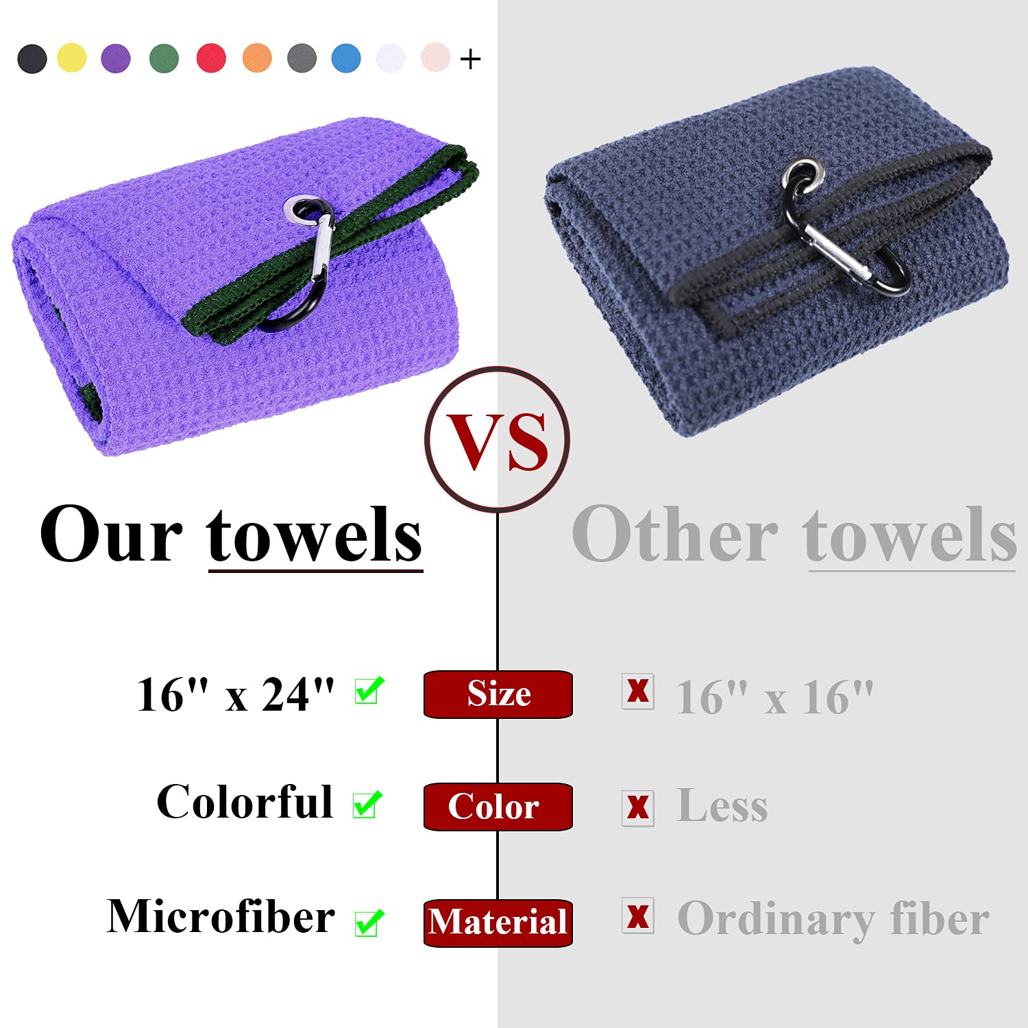 Vividly 2 Pack Tri-Fold Golf Towels, Premium Microfiber Fabric Waffle Pattern With Black Heavy Duty Carabiner Clip, Purple Golf