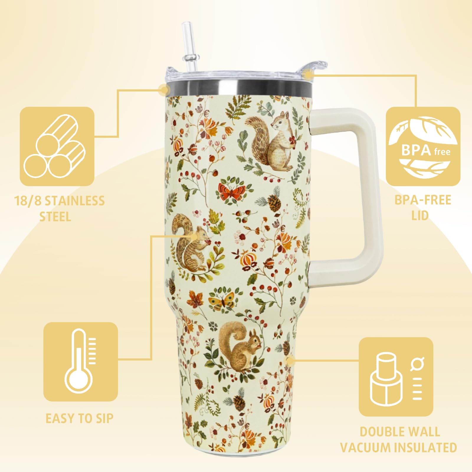 Nqhsionv Squirrel Tumbler with Handle and Straw 40 oz Squirrel Cup Fall Coffee Travel Mug Stainless Steel Insulated Water Bottle