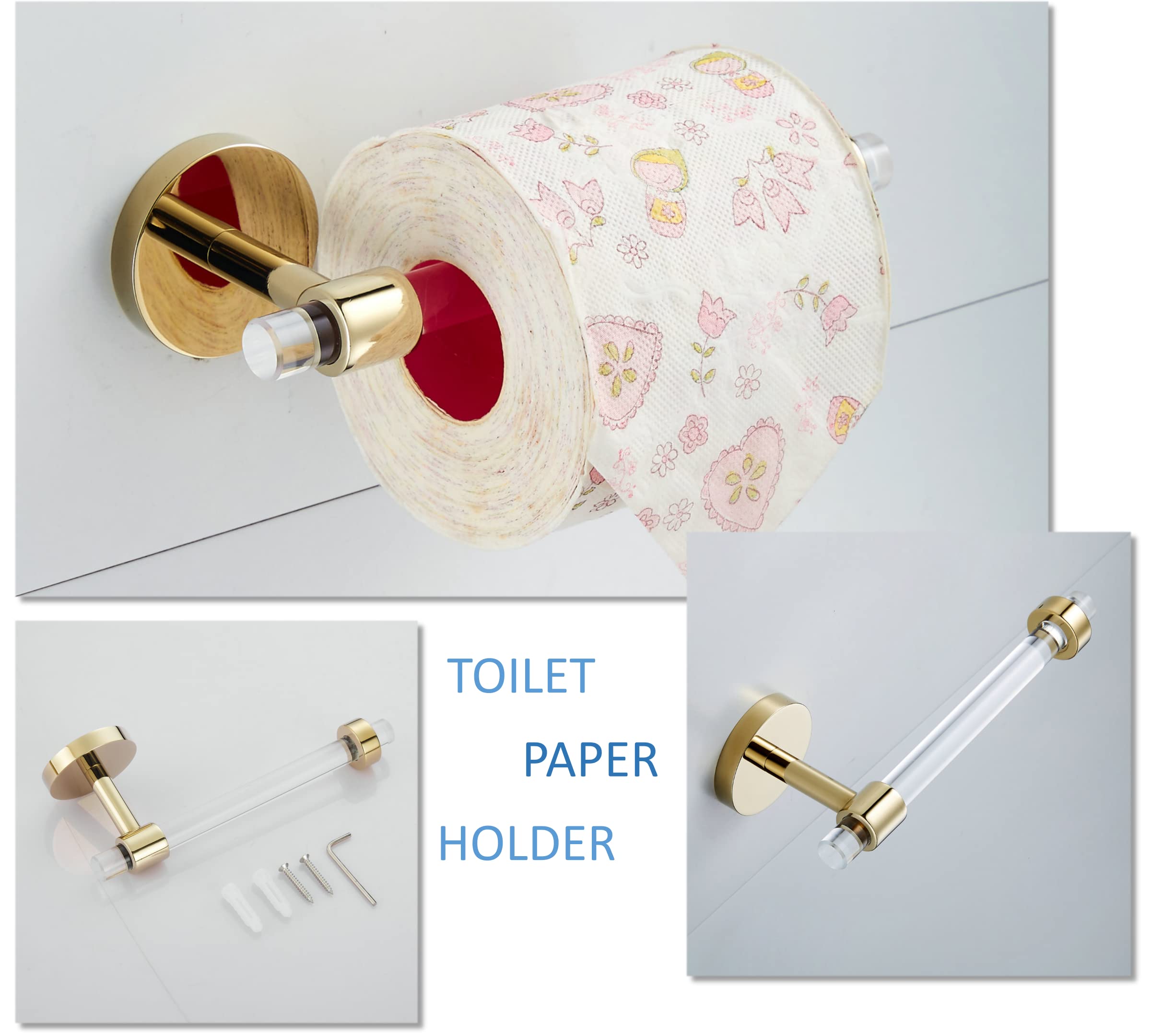 Gold Bathroom Hardware Accessories Set - Acrylic Hand Towel Holder Toilet Paper Holder Towel Hook - Wall Mounted Bath Towel Bar