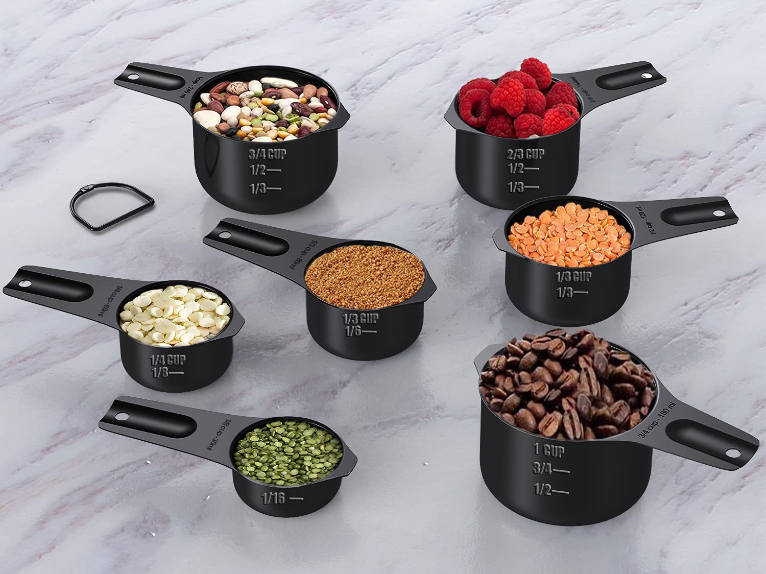 Wildone Black Measuring Cups & Spoons Set Of 21 - Includes 7 Stainless Steel Nesting Measuring Cups, 8 Measuring Spoons, 1 Level