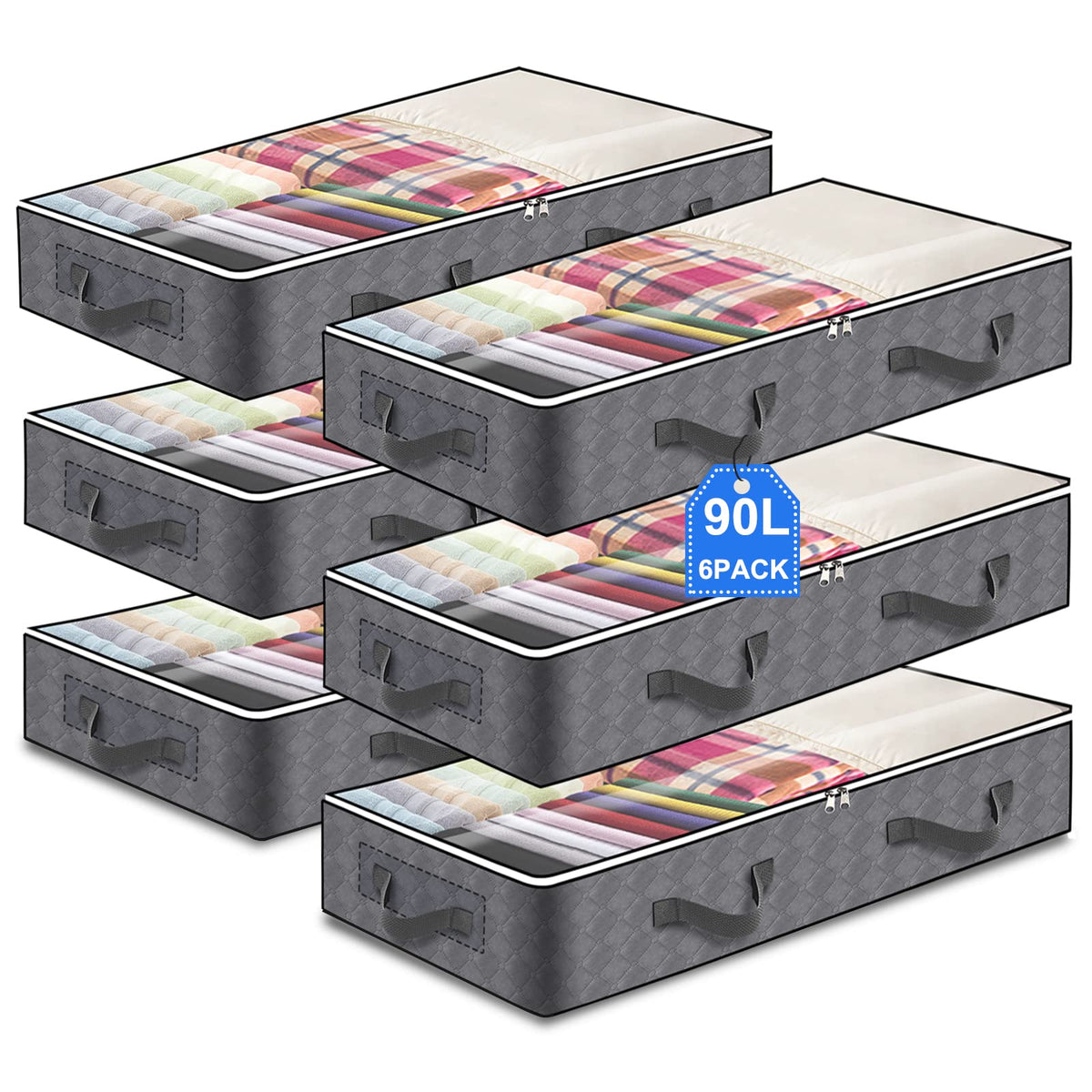 6 Pack Under Bed Storage Containers, 90L Large Capacity Foldable Underbed Storage Bags Organizer, Clothes Storage Bins with Clea