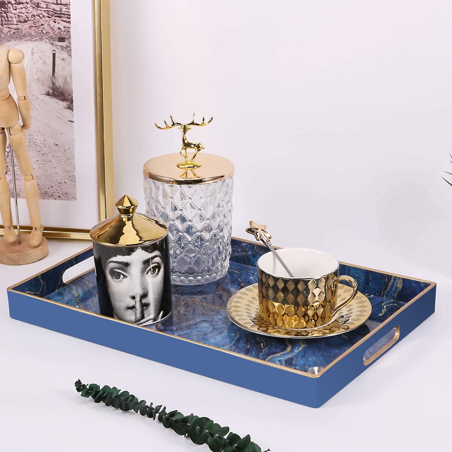 Zosenley Decorative Tray, Marbling Plastic Tray With Handles, Rectangular Vanity Tray And Serving Tray For Bathroom, Kitchen, Ot