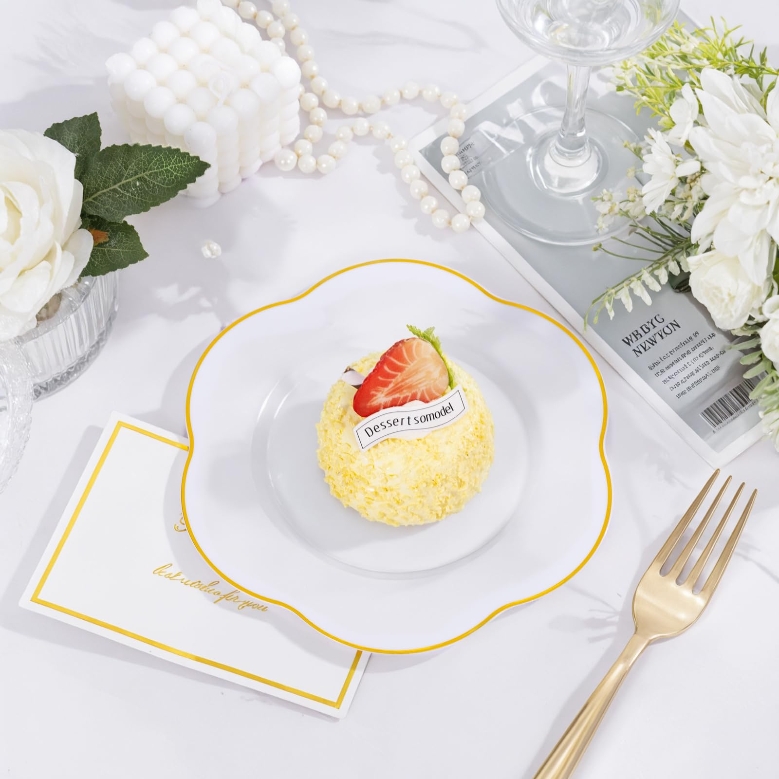 Liacere 100PCS White and Gold Dessert Plates- Disposable 7inch Floral Appetizer Cake Small Plates, Perfect for Wedding & Party &