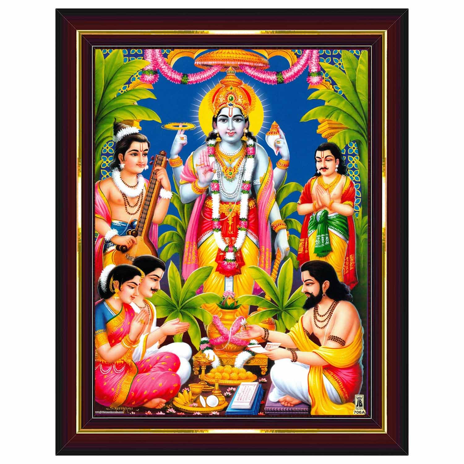 Pavan Photo Laminations Lord Satyanarayana Swamy Bhagwan Satyanarayan Wall Painting Framed Home Decor (Wood,Matte,Brown,Small Si