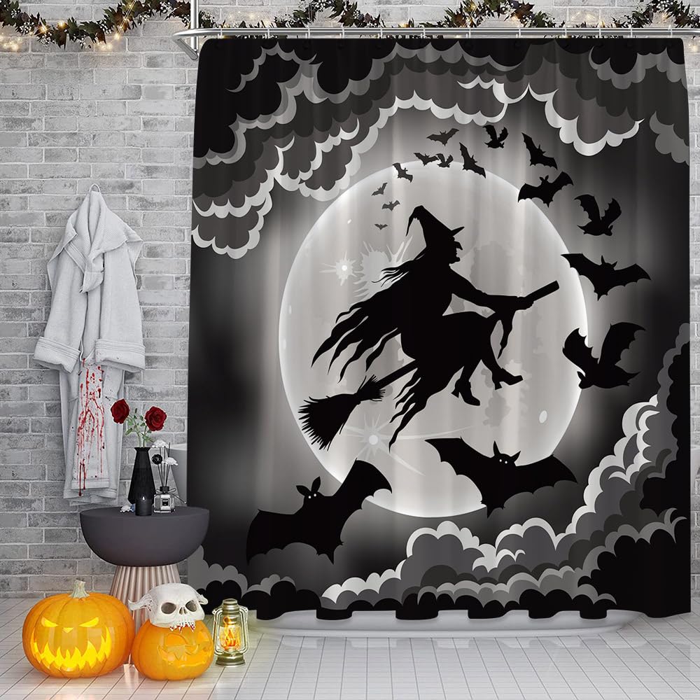 Spooky Halloween Shower Curtain Gothic Black Gray Halloween Witch Broom Horror Bat Ghost Full Moon Happy Halloween Night View Ba