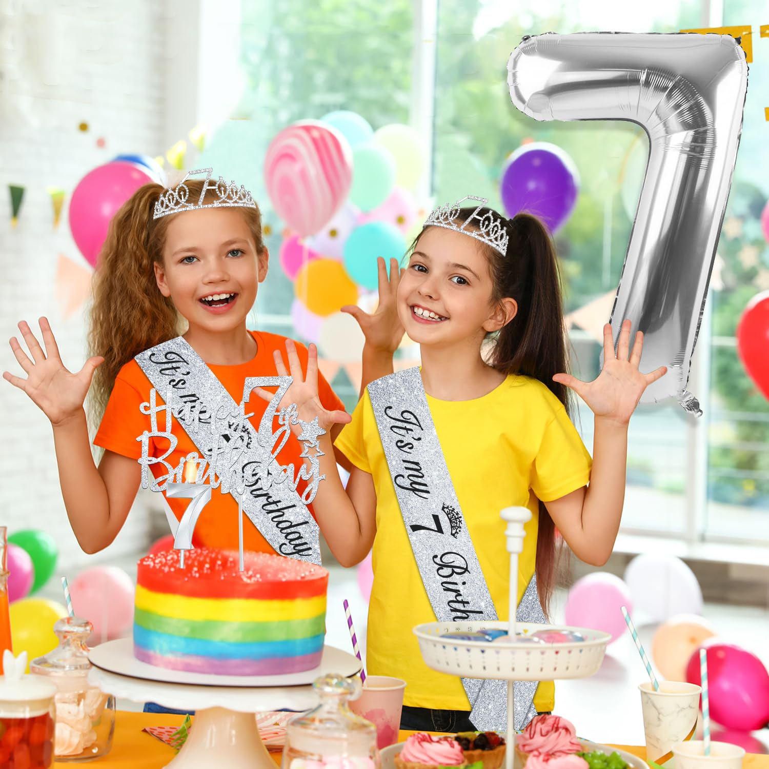 7th Birthday Decorations for Girls Silver with 7th Birthday Sash and Tiara, Cake Topper and Candle, Silver Number Balloon, 7 Yea