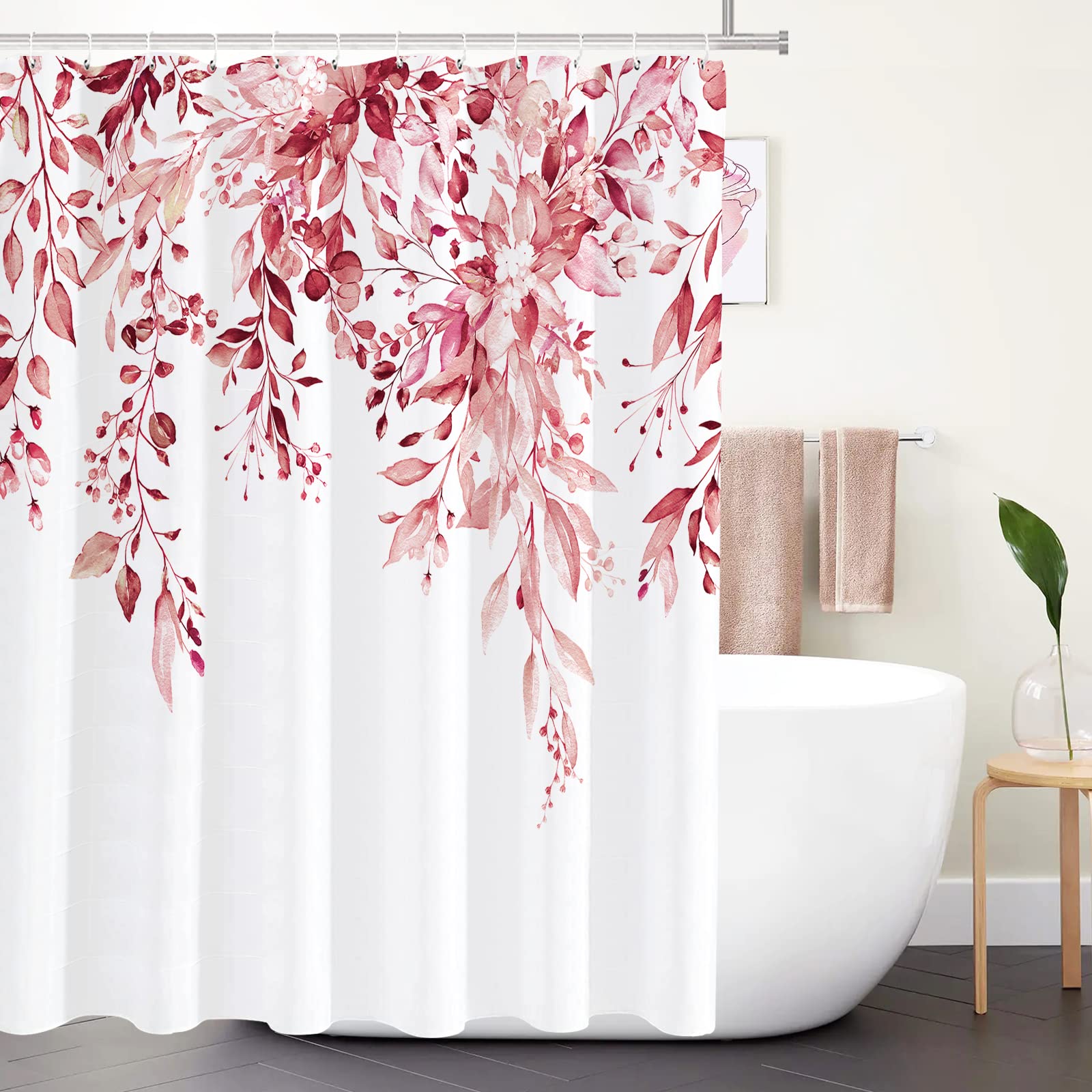 Tititex Pink Eucalyptus Shower Curtain, Watercolor Blush Leaves On The Top Plant With Floral Bathroom Decoration Shower Curtain