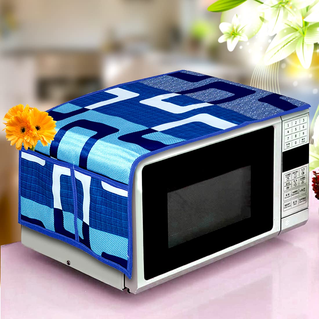 Kanushi Industries Microwave/Oven Top Cover With 4 Utility Pockets (Var-Micro-Blue-Box)