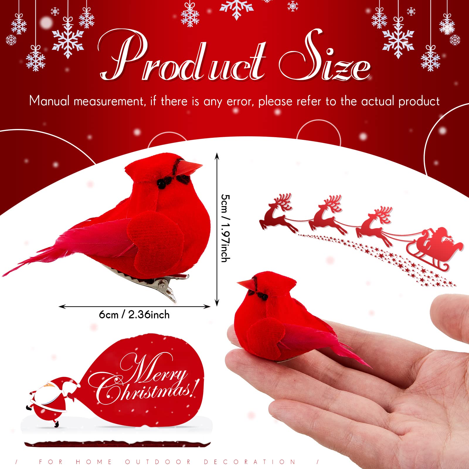Taiyin 36 Pcs Red Cardinal with Clip on Christmas Tree Mini Ornament Red Feather Faux Birds Decorations Bird Craft Ornament for